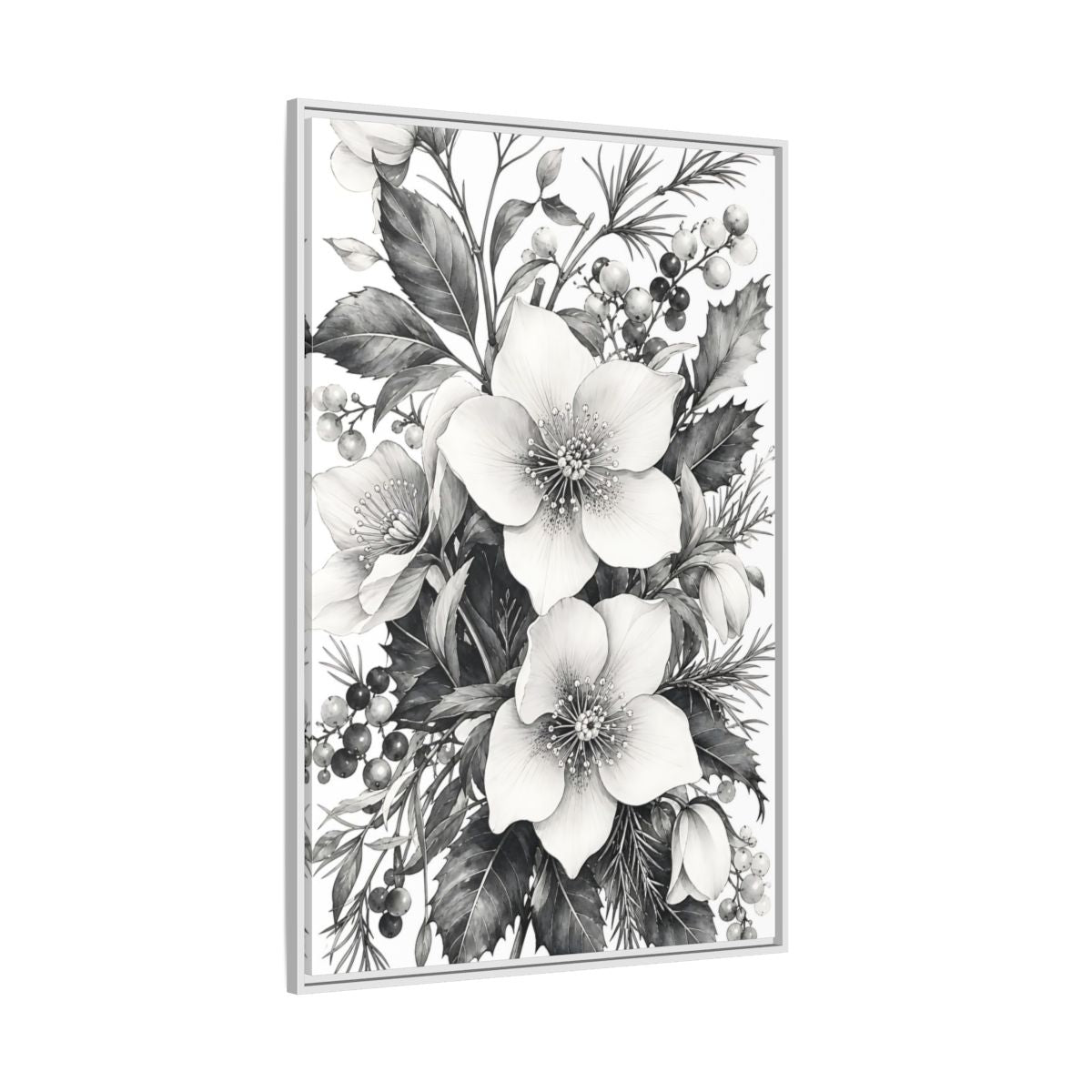 Side Mockup 7. Floral Hellebore Flowers Black And White Floral shown as framed canvas print