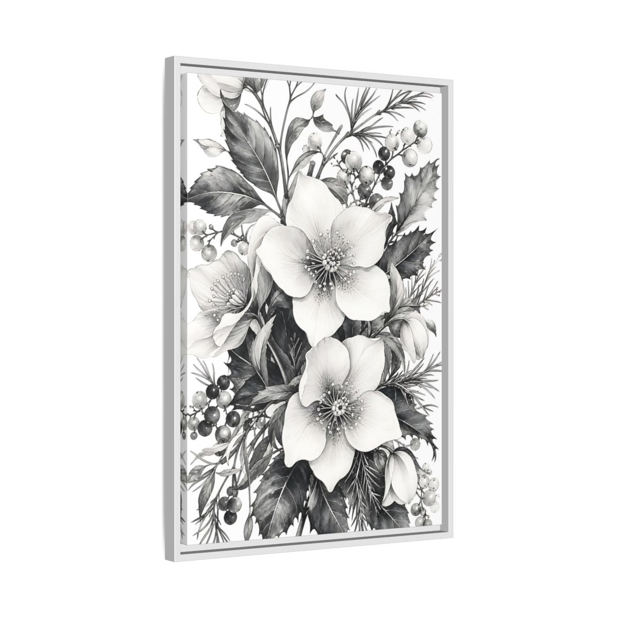 Side Mockup 10. Floral Hellebore Flowers Black And White Floral shown as framed canvas print