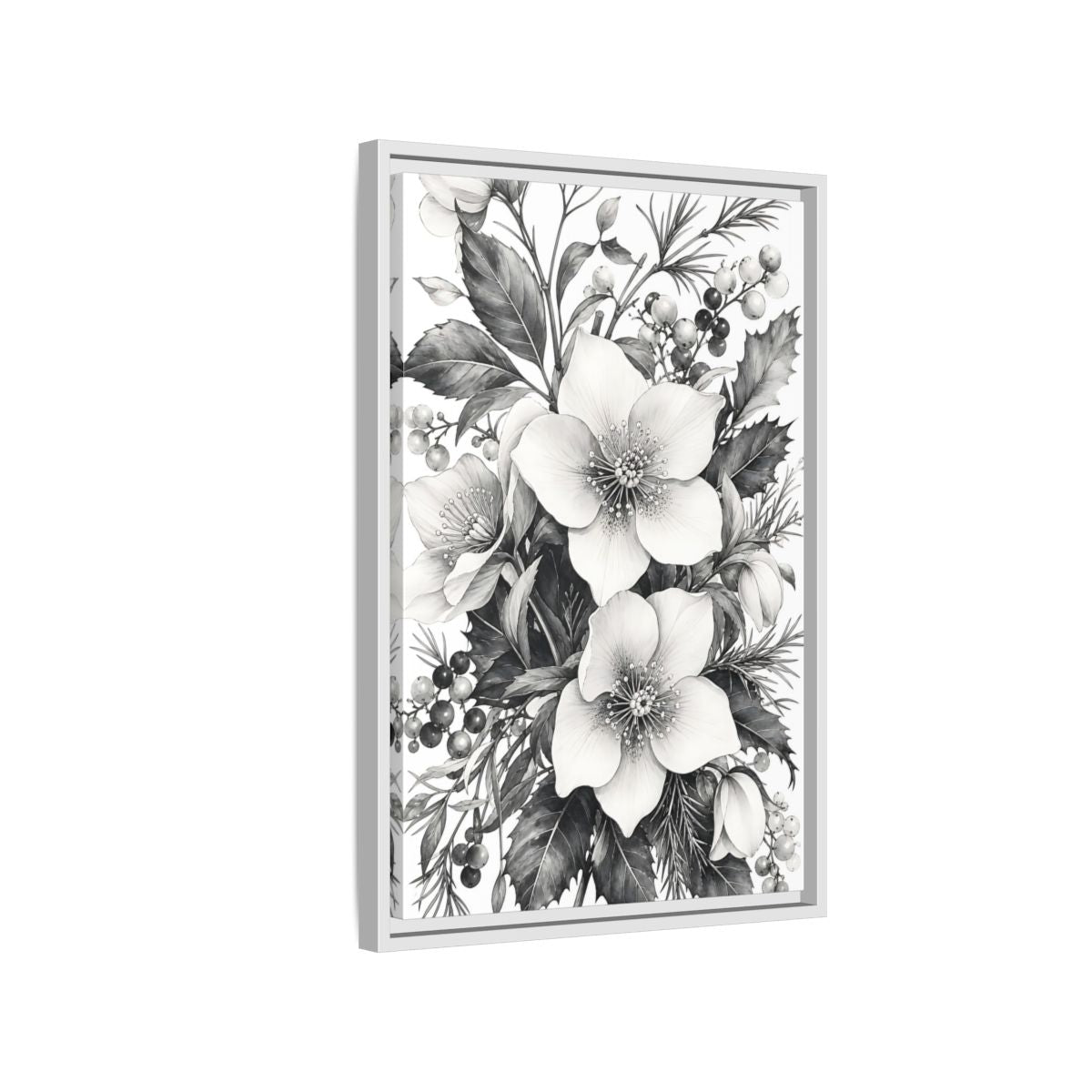 Side Mockup 1. Floral Hellebore Flowers Black And White Floral shown as framed canvas print