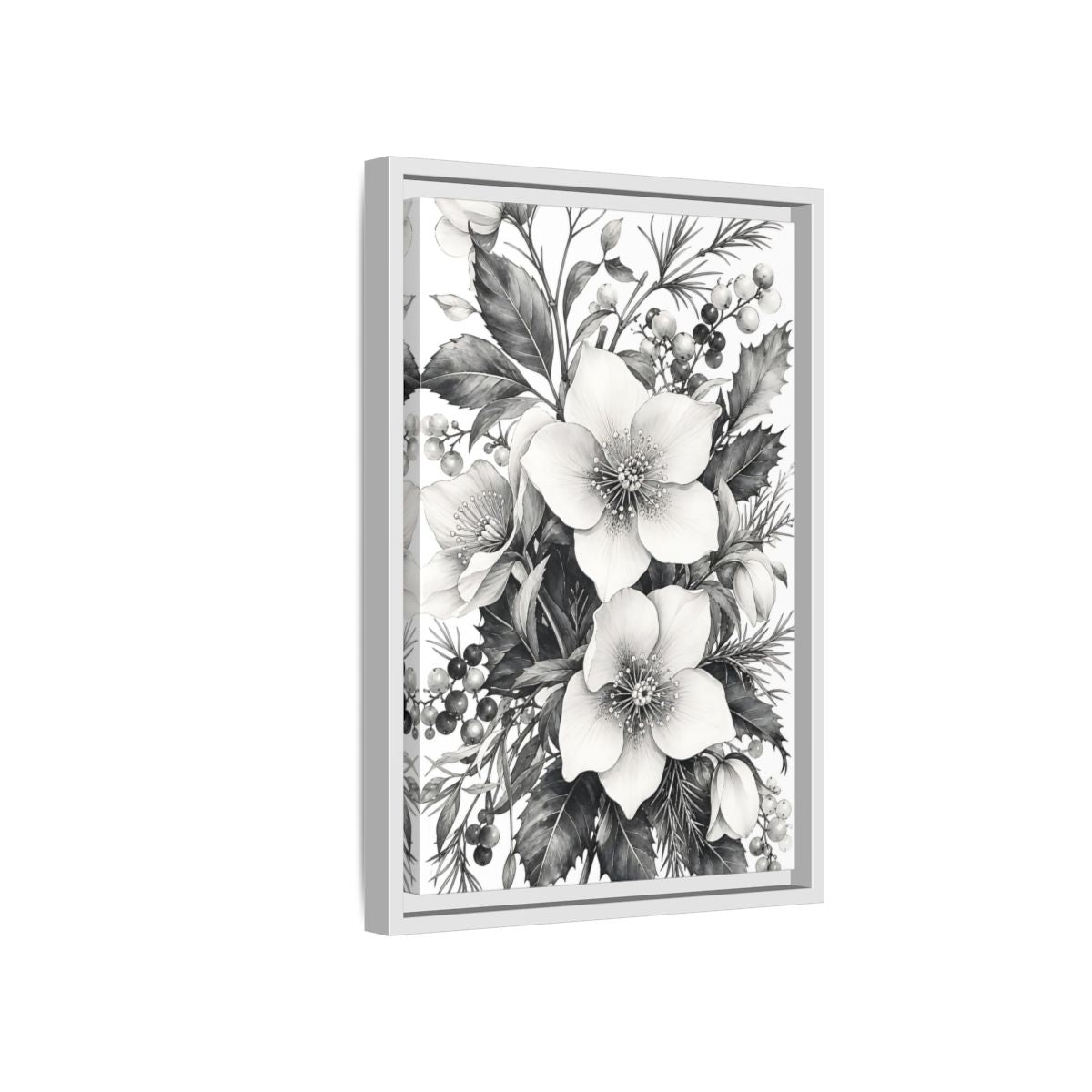 Side Mockup 4. Floral Hellebore Flowers Black And White Floral shown as framed canvas print