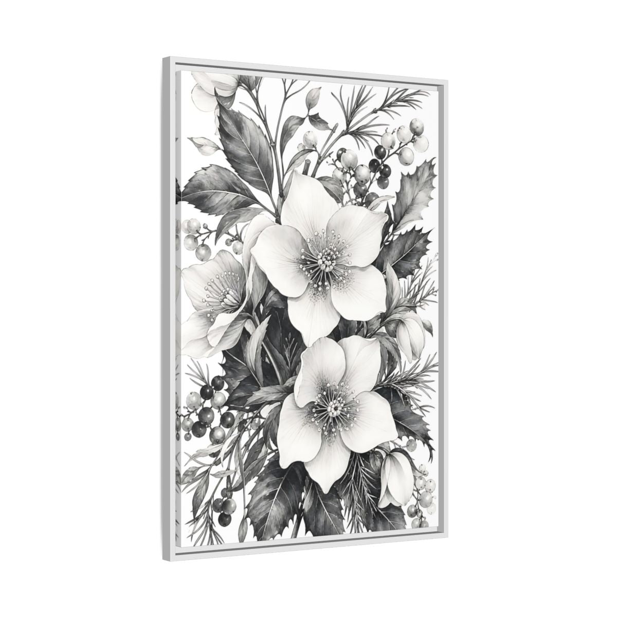 Side Mockup 9. Floral Hellebore Flowers Black And White Floral shown as framed canvas print