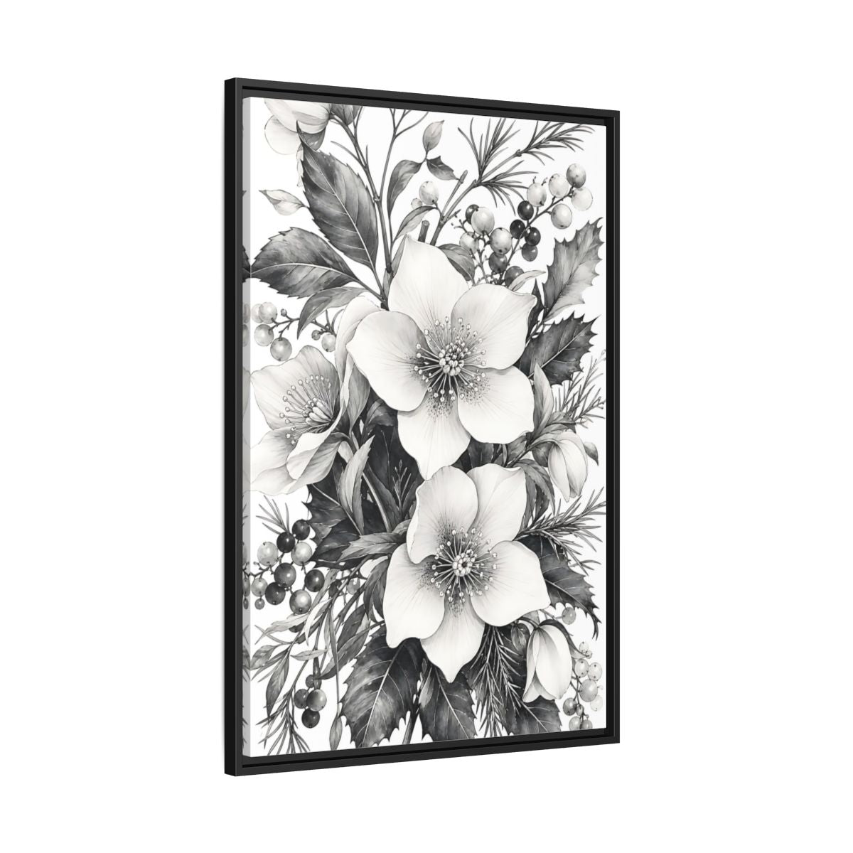 Side Mockup 13. Floral Hellebore Flowers Black And White Floral shown as framed canvas print