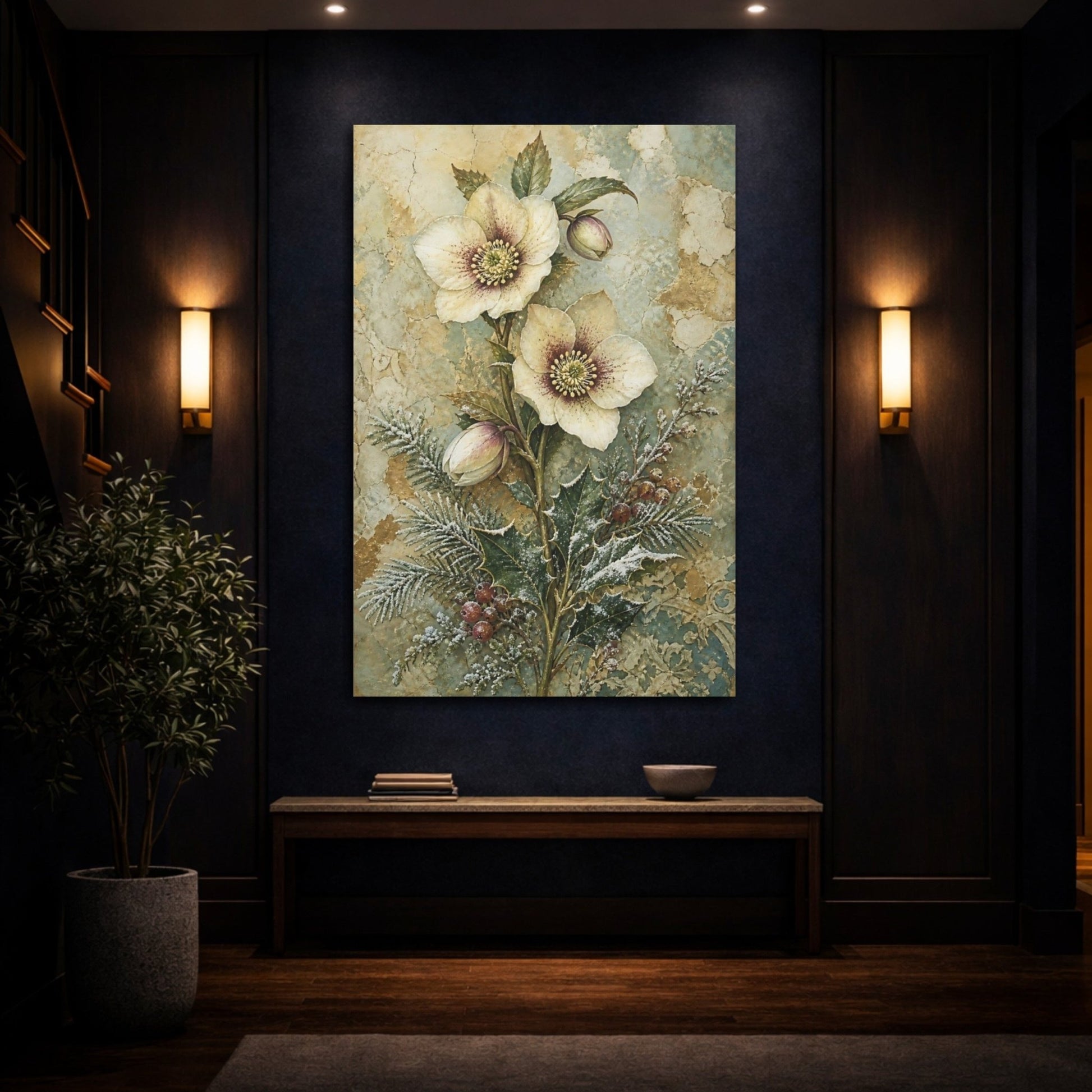 Floral Hellebore Flowers Vintage Art Canvas Print – Living Room, Above Console Table - YesArtYes