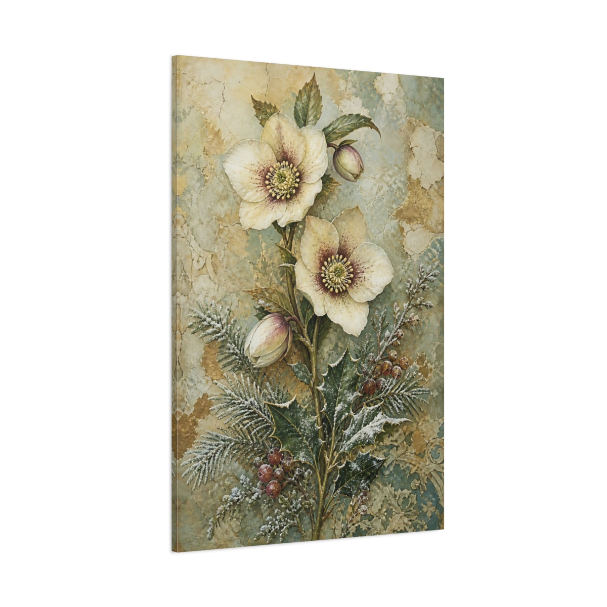 Side Mockup 1. Floral Hellebore Flowers Vintage Hellebore Art shown as canvas print