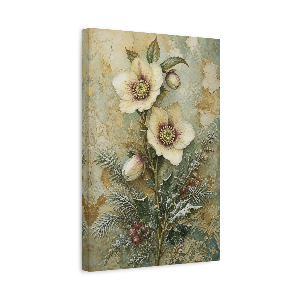 Side Mockup 4. Floral Hellebore Flowers Vintage Hellebore Art shown as canvas print