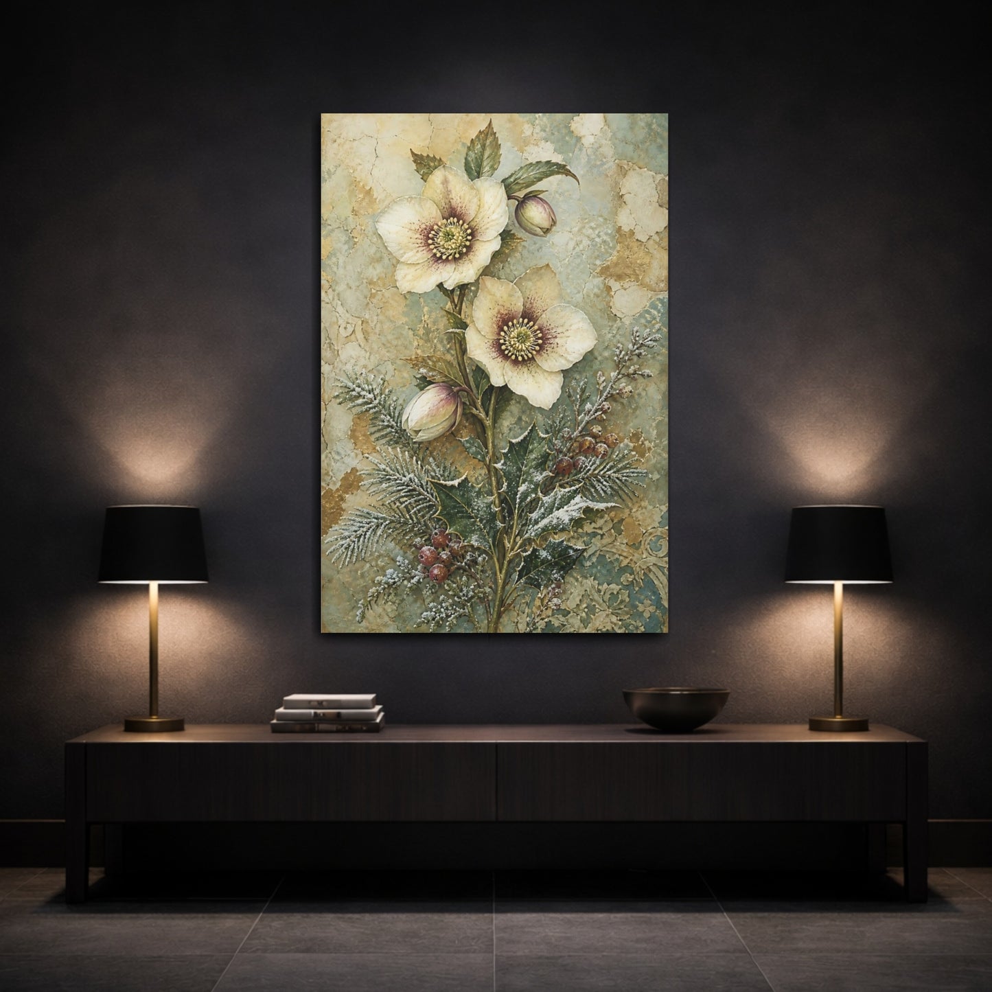 Mockup 3. Floral Hellebore Flowers Vintage Hellebore Art shown as canvas print