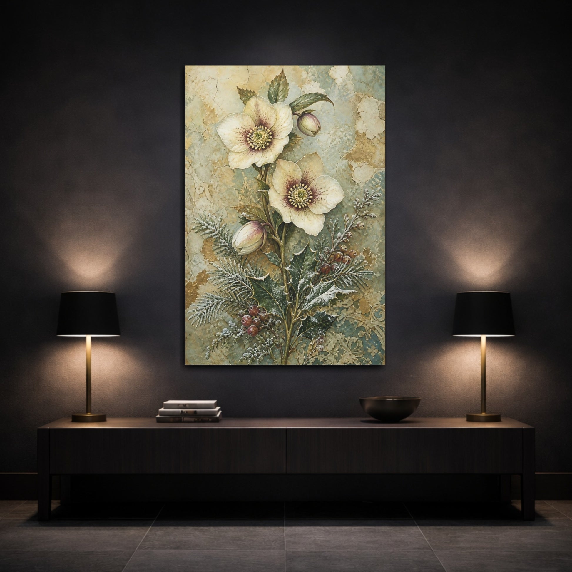 Mockup 3. Floral Hellebore Flowers Vintage Hellebore Art shown as canvas print