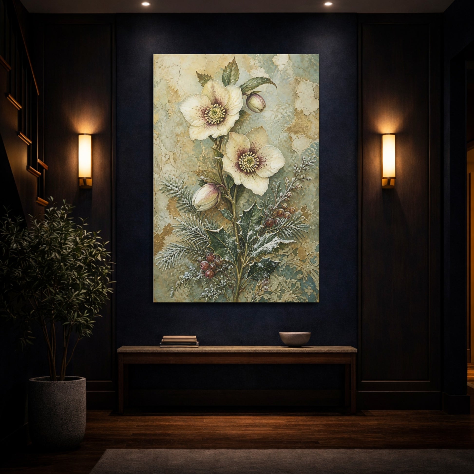 Mockup 4. Floral Hellebore Flowers Vintage Hellebore Art shown as canvas print