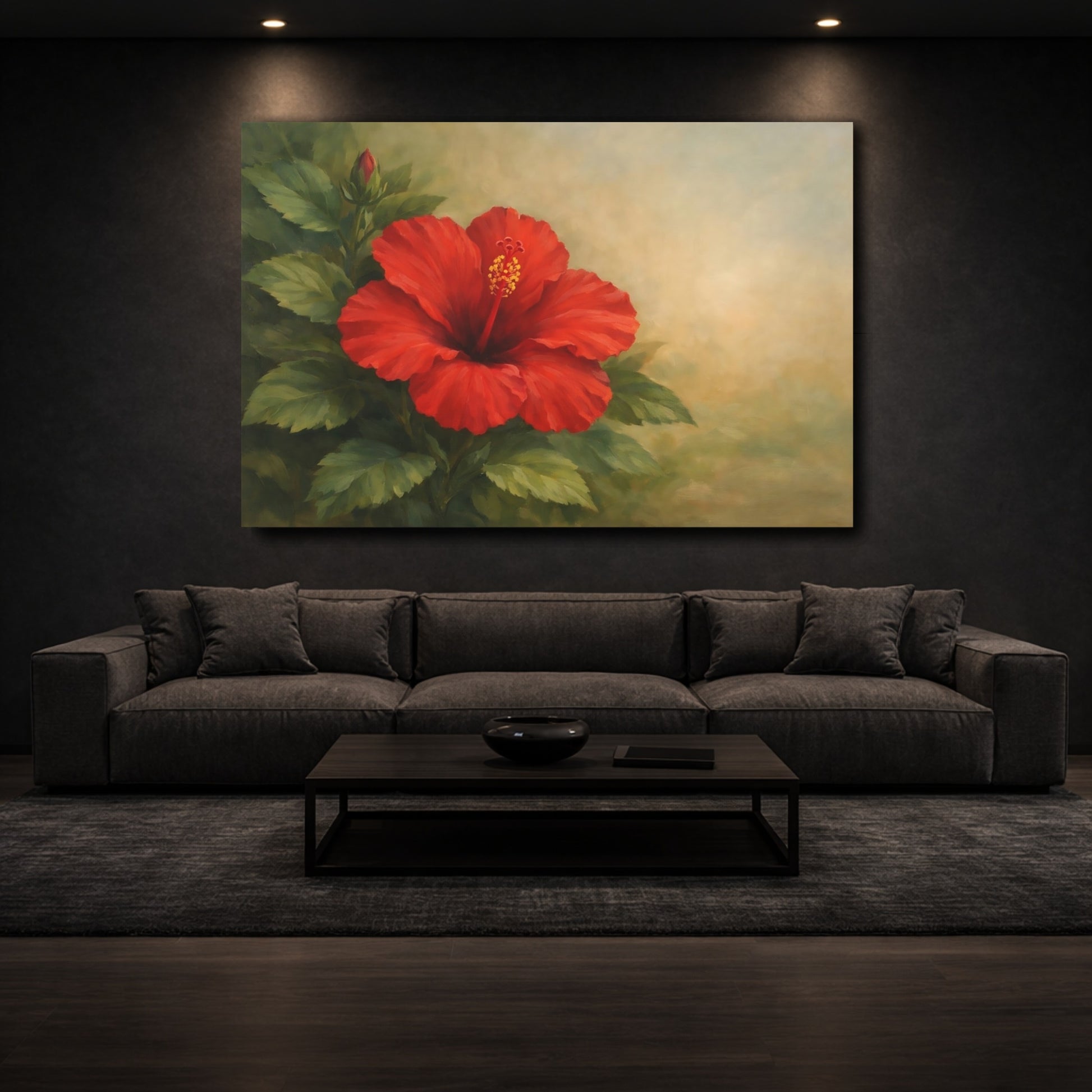 Mockup 2. Floral Hibiscus Flower Red Hibiscus shown as stretched canvas wall art