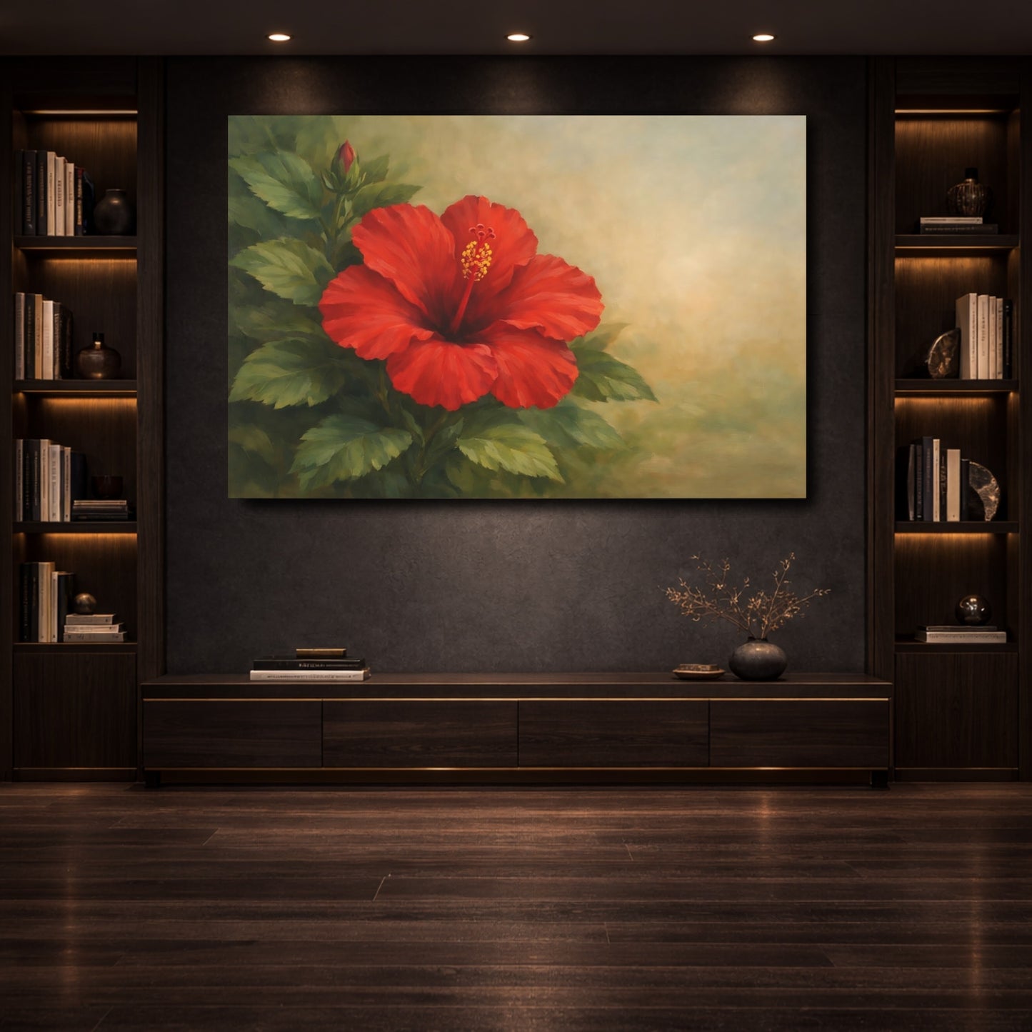 Mockup 3. Floral Hibiscus Flower Red Hibiscus shown as stretched canvas wall art
