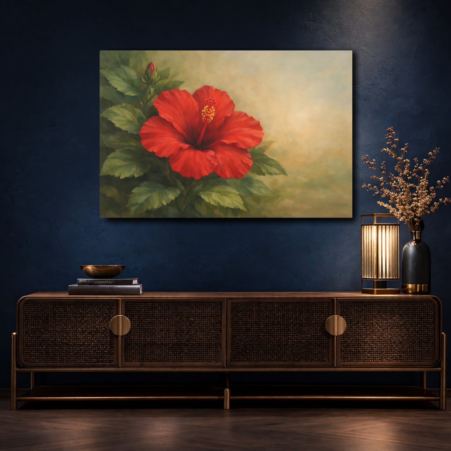 Mockup 4. Floral Hibiscus Flower Red Hibiscus shown as stretched canvas wall art