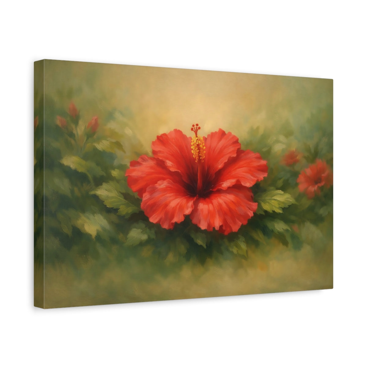 Side Mockup 4. Floral Hibiscus Red Hibiscus shown as stretched canvas wall art