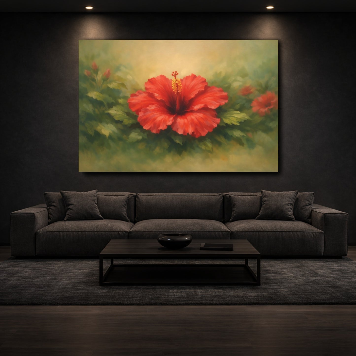 Mockup 2. Floral Hibiscus Red Hibiscus shown as stretched canvas wall art