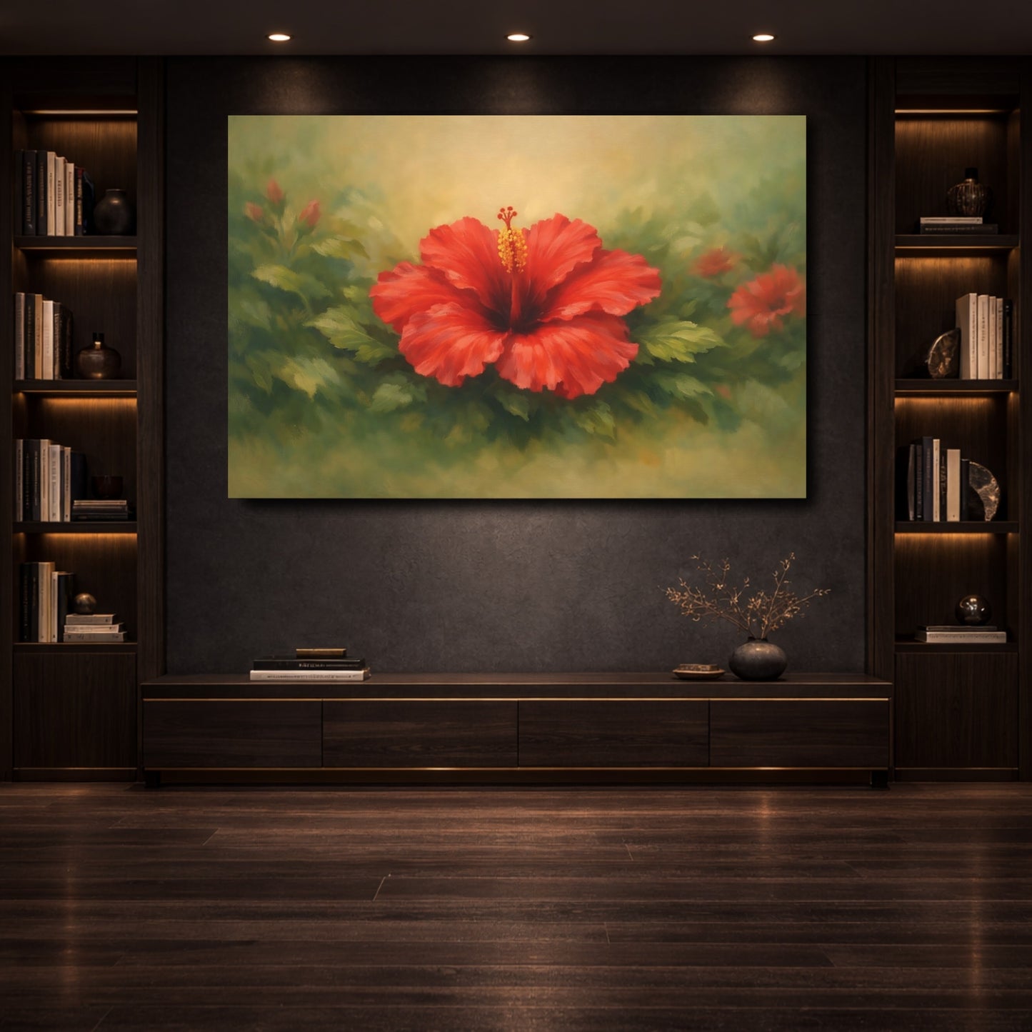 Mockup 3. Floral Hibiscus Red Hibiscus shown as stretched canvas wall art