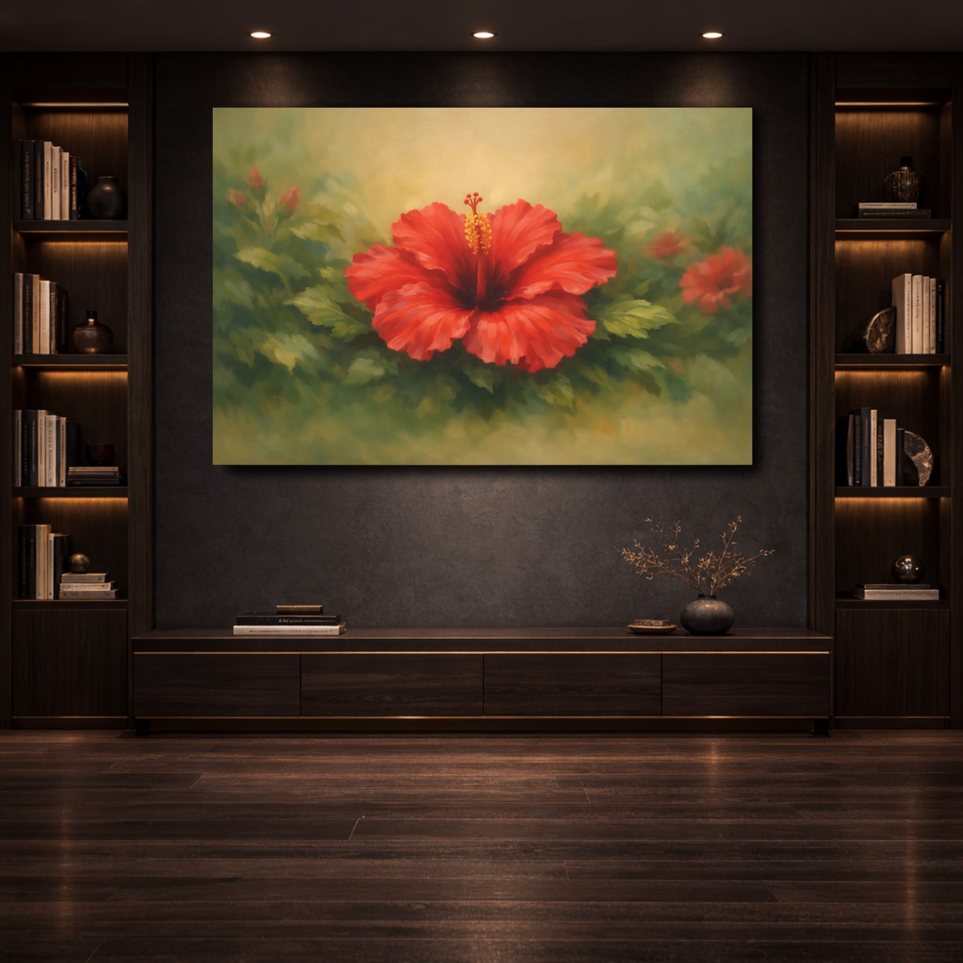 Mockup 3. Floral Hibiscus Red Hibiscus shown as stretched canvas wall art