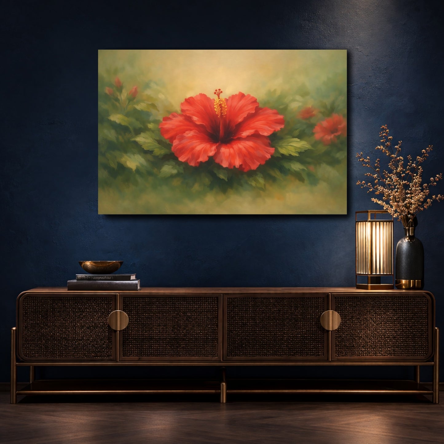 Mockup 4. Floral Hibiscus Red Hibiscus shown as stretched canvas wall art