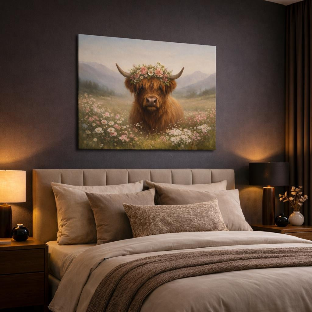 Floral Highland Cow shown as canvas wall art in a luxury bedroom