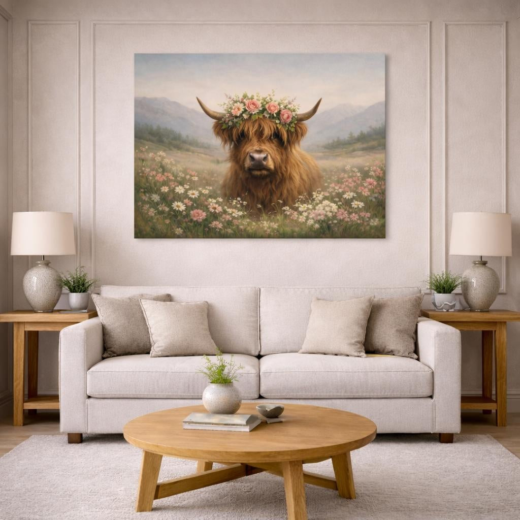 Floral Highland Cow shown as canvas wall art in a modern living room