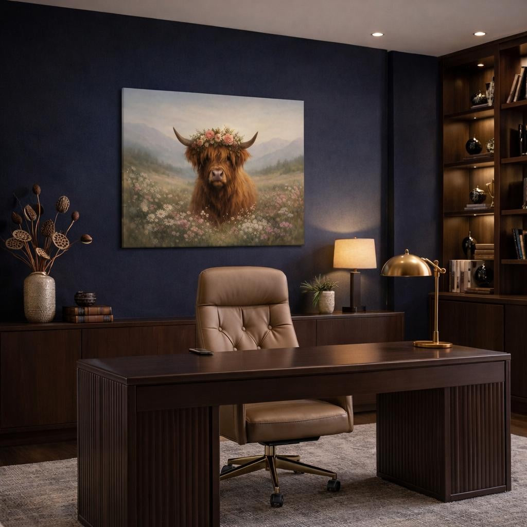 Floral Highland Cow shown as canvas wall art in a refined dining room