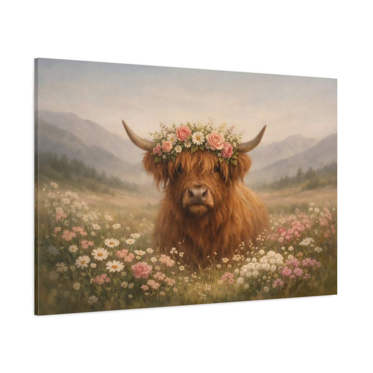 Floral Highland Cow shown as stretched canvas wall art