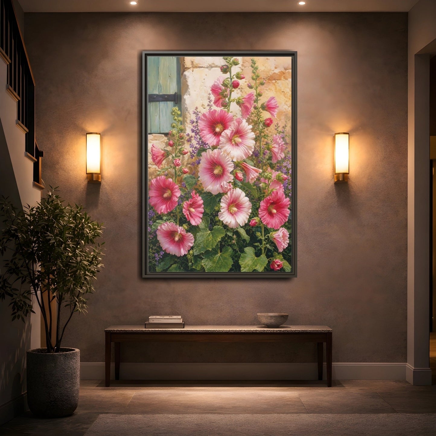 Floral Hollyhocks Pink Framed Canvas Print Wall Art – Botanical Living Room, Above Fireplace - YesArtYes