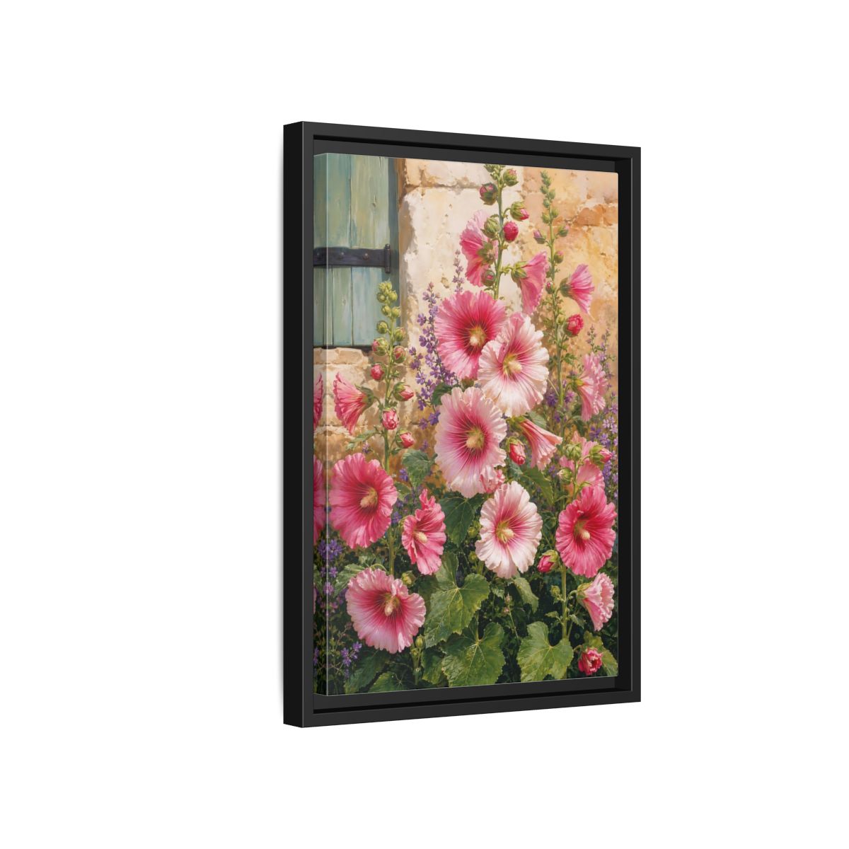 Side Mockup 6. Floral Hollyhocks Pink Hollyhocks shown as framed canvas print