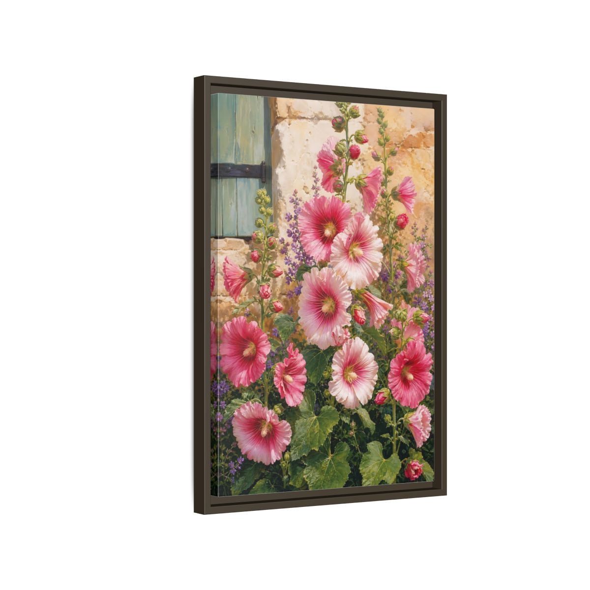 Side Mockup 2. Floral Hollyhocks Pink Hollyhocks shown as framed canvas print