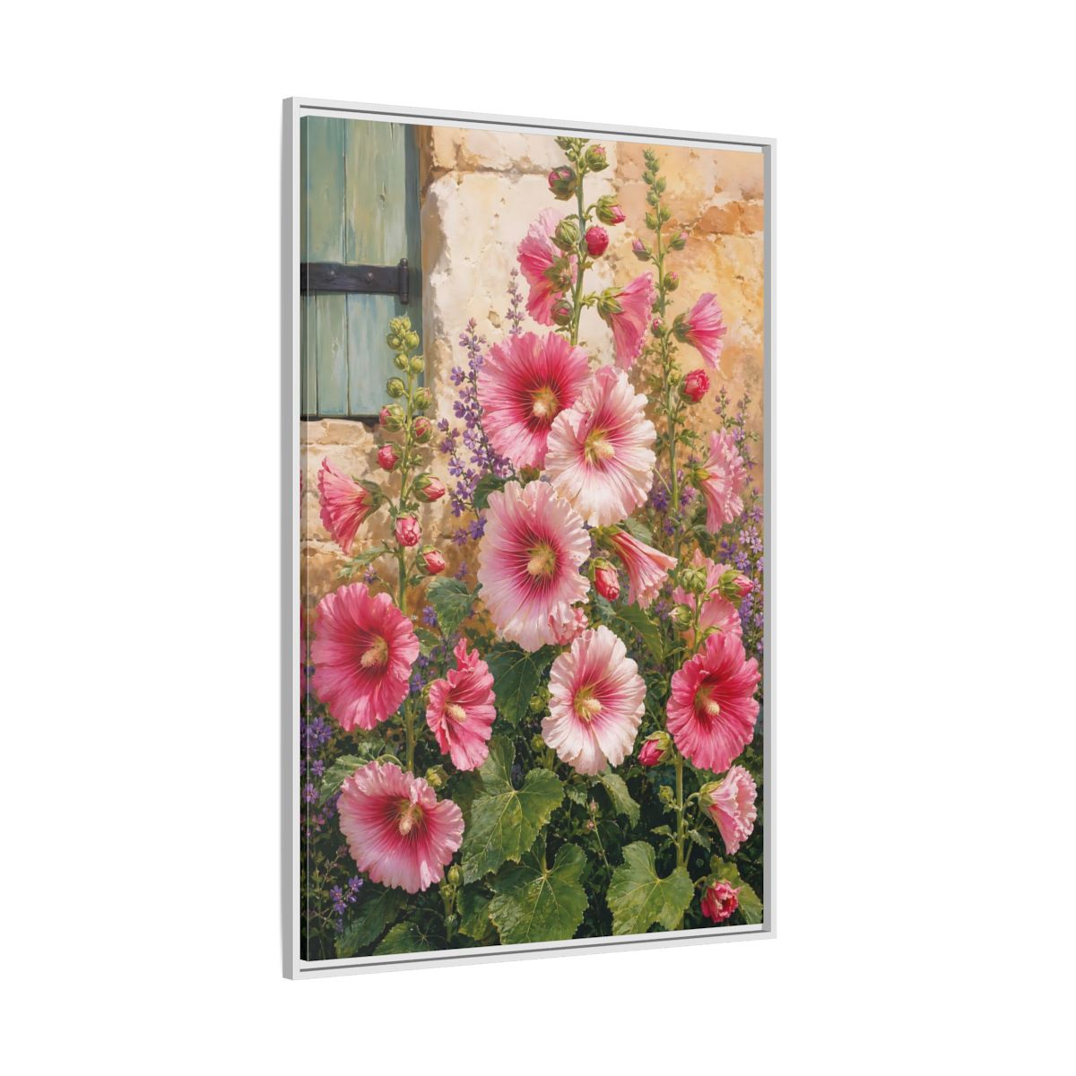 Side Mockup 7. Floral Hollyhocks Pink Hollyhocks shown as framed canvas print