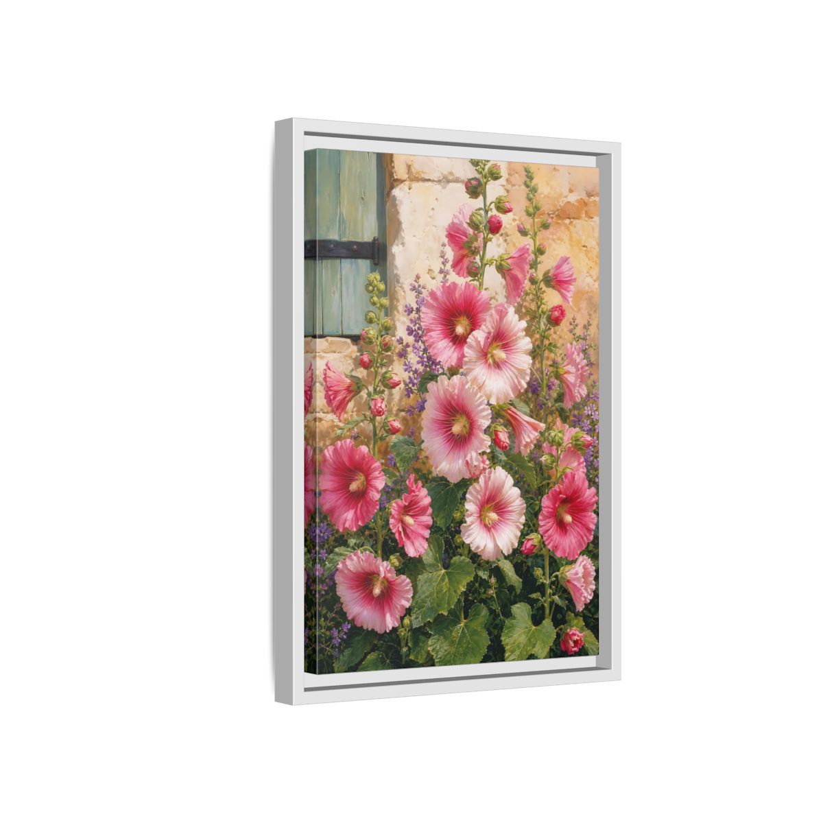 Side Mockup 4. Floral Hollyhocks Pink Hollyhocks shown as framed canvas print
