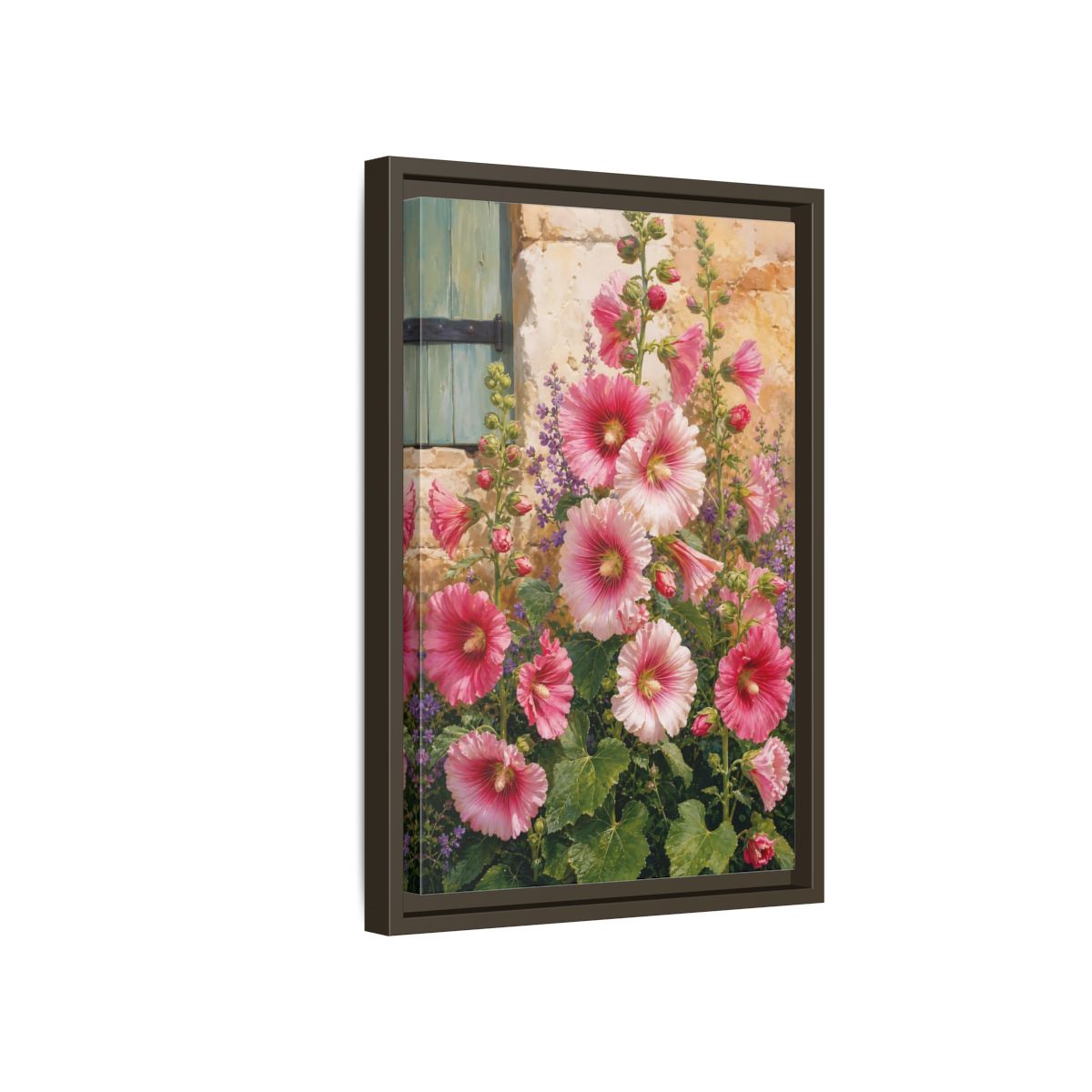 Side Mockup 5. Floral Hollyhocks Pink Hollyhocks shown as framed canvas print