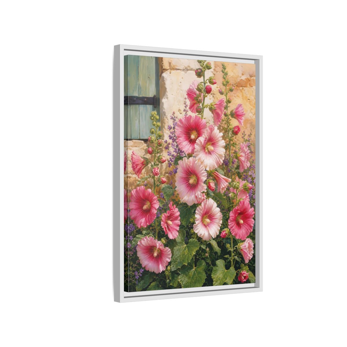 Side Mockup 1. Floral Hollyhocks Pink Hollyhocks shown as framed canvas print