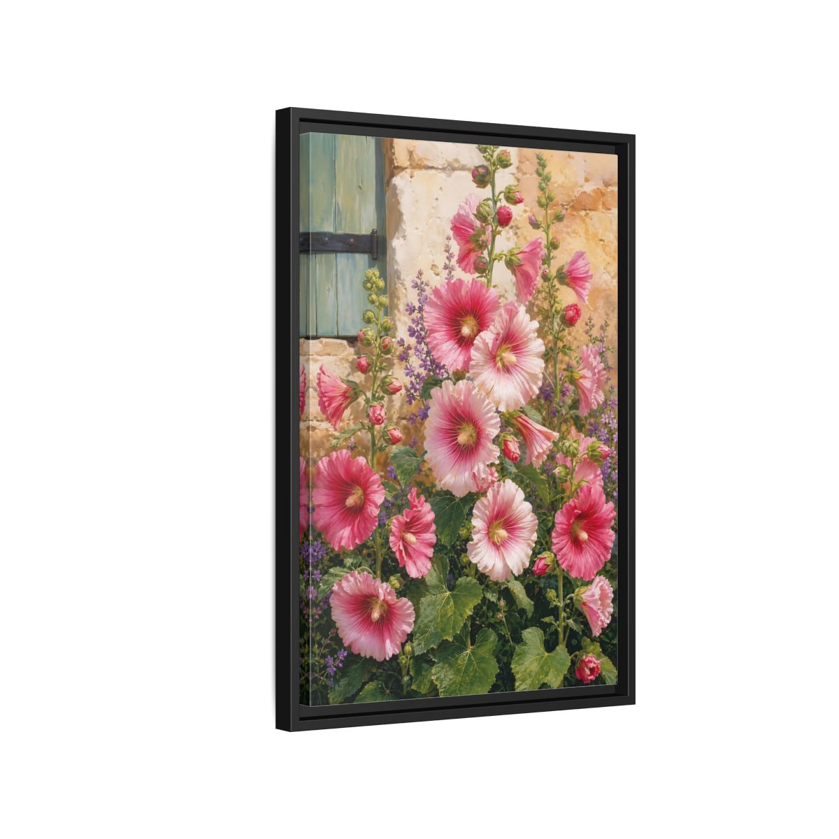 Side Mockup 3. Floral Hollyhocks Pink Hollyhocks shown as framed canvas print