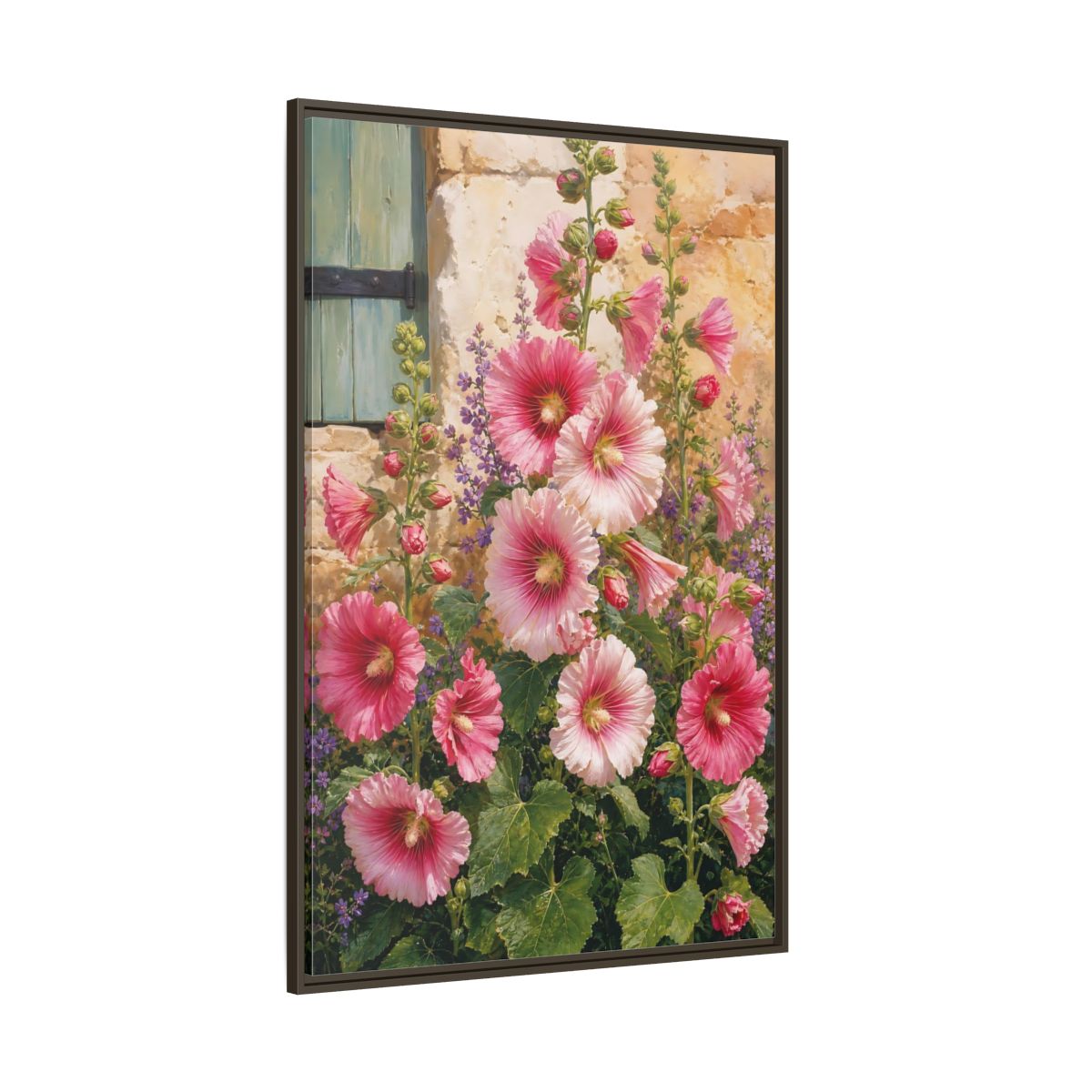 Side Mockup 8. Floral Hollyhocks Pink Hollyhocks shown as framed canvas print