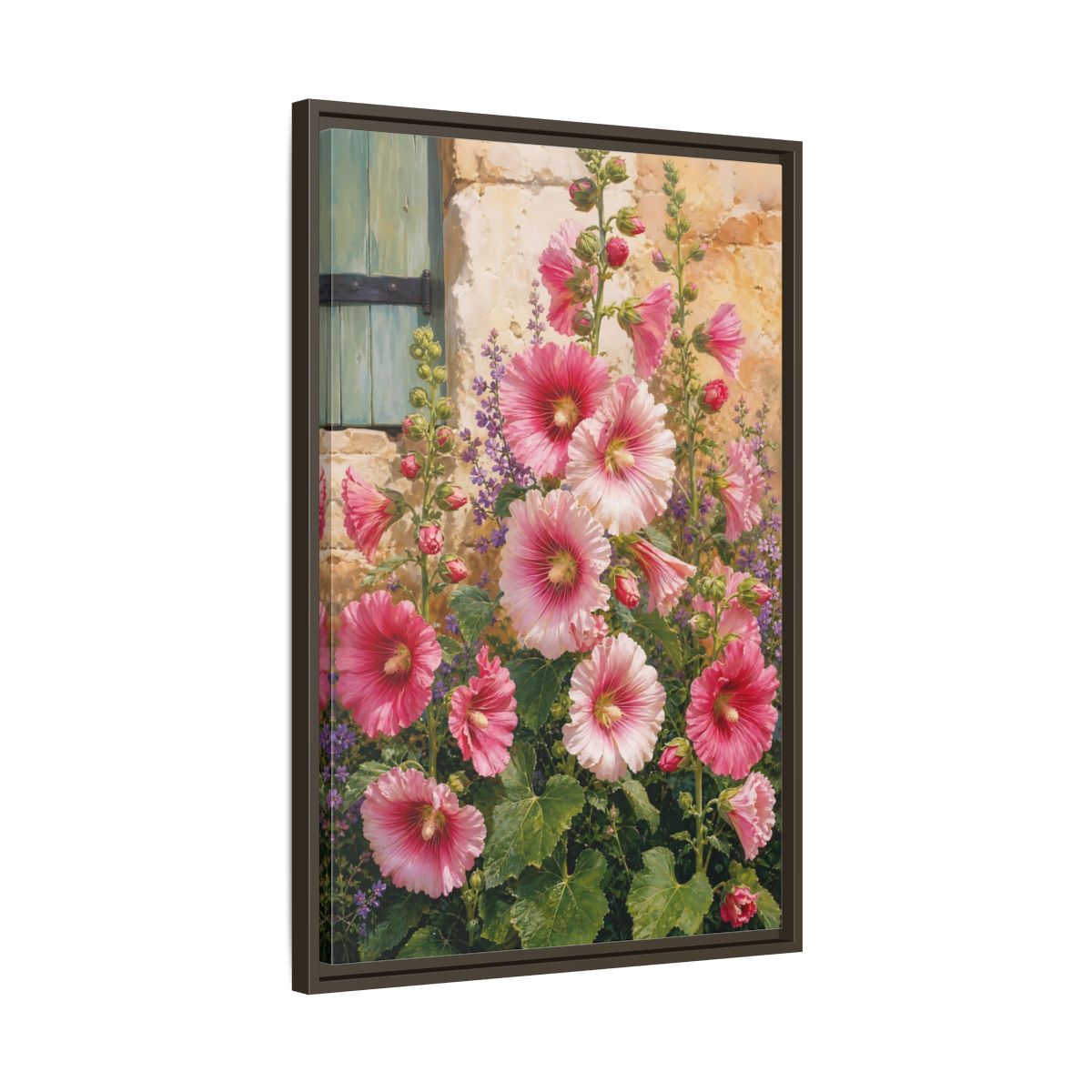 Side Mockup 11. Floral Hollyhocks Pink Hollyhocks shown as framed canvas print