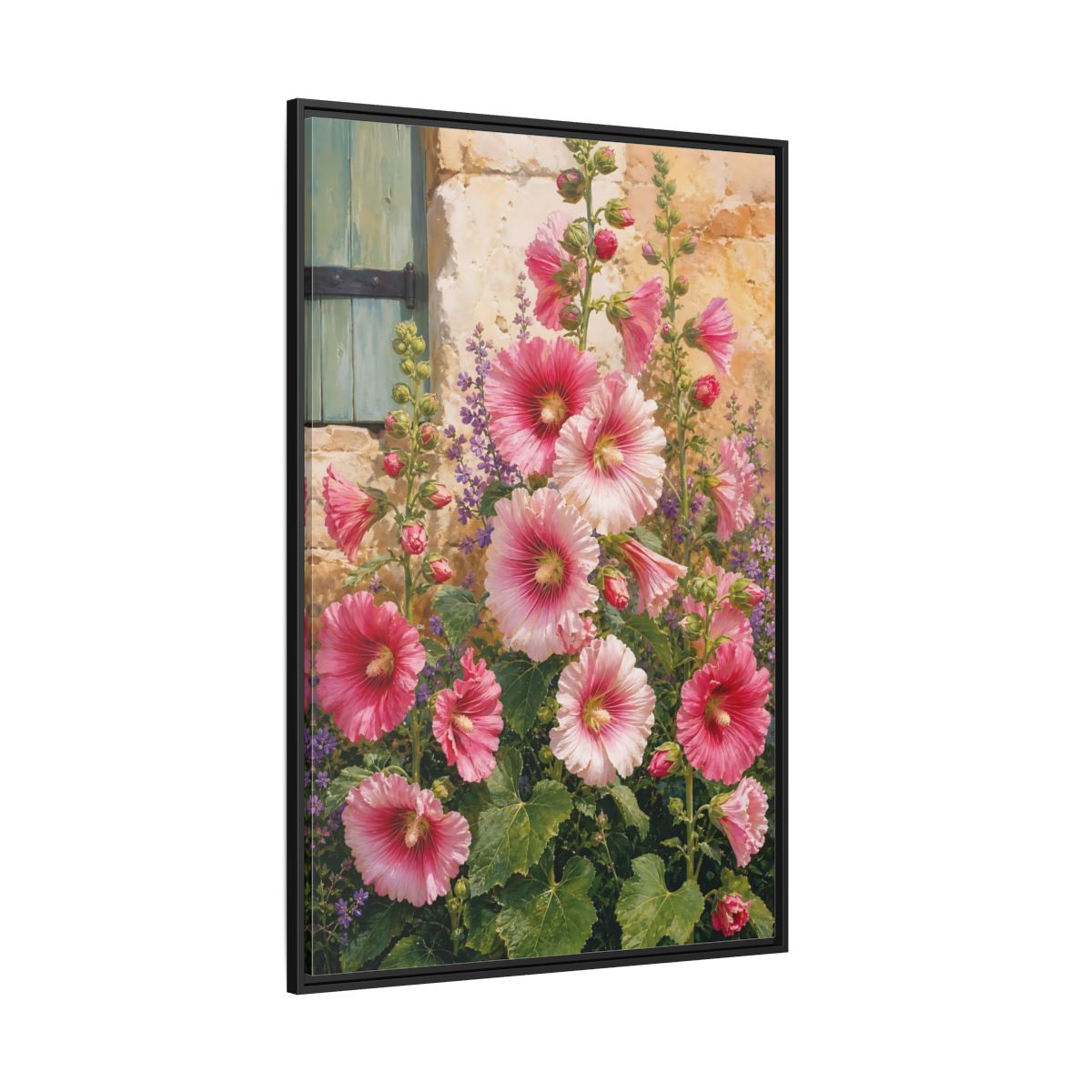 Side Mockup 12. Floral Hollyhocks Pink Hollyhocks shown as framed canvas print