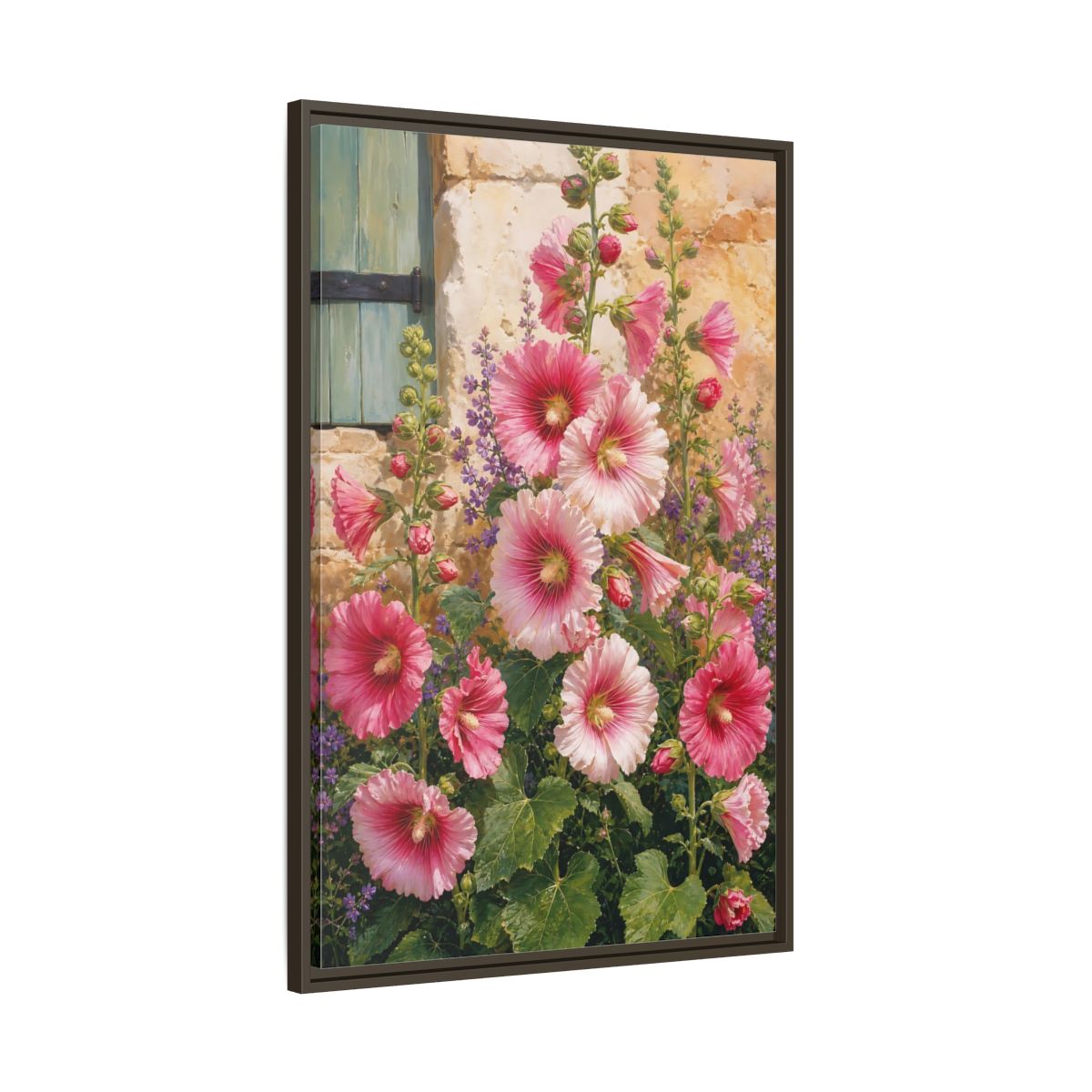 Main Mockup. Floral Hollyhocks Pink Hollyhocks shown as framed canvas print