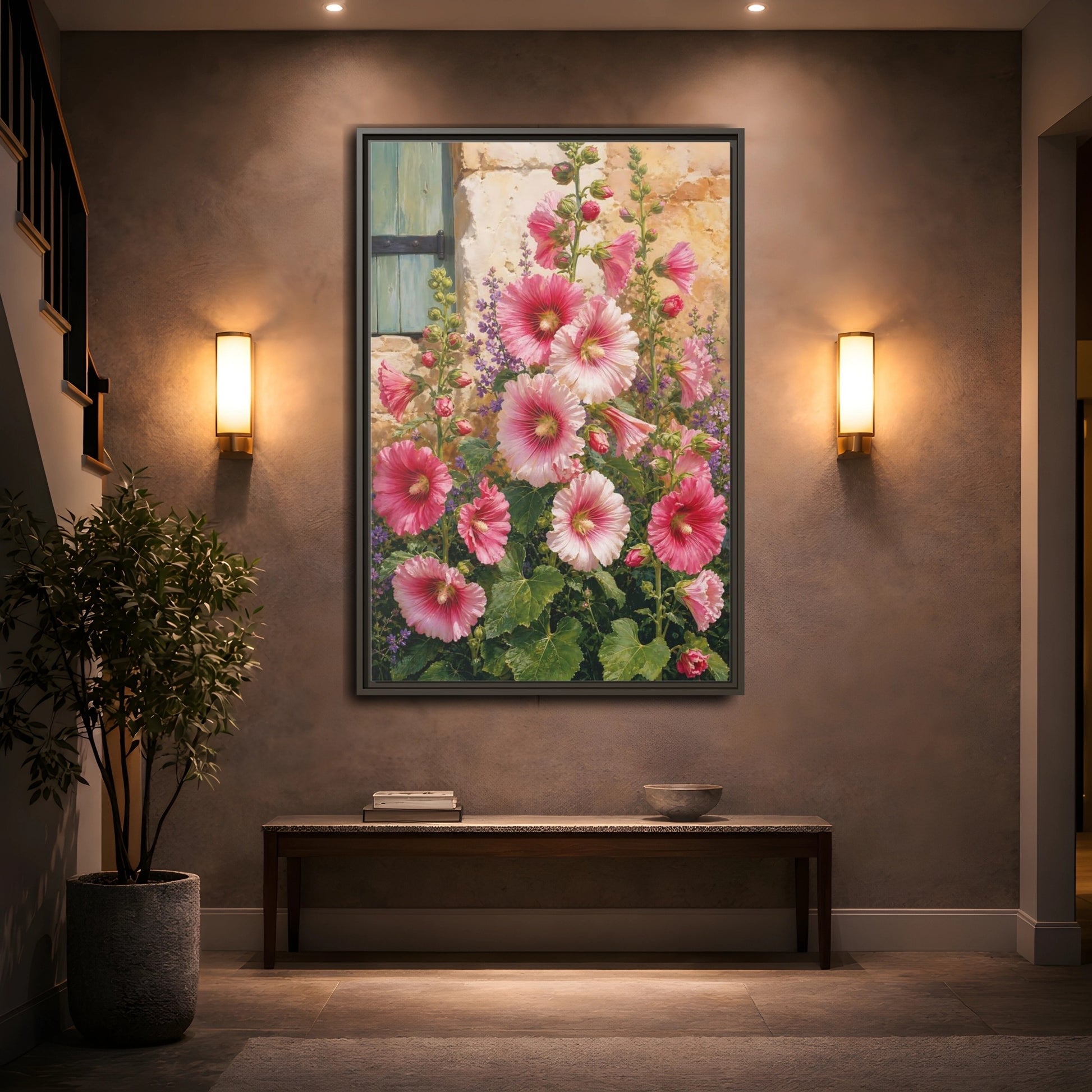 Mockup 2. Floral Hollyhocks Pink Hollyhocks shown as framed canvas print