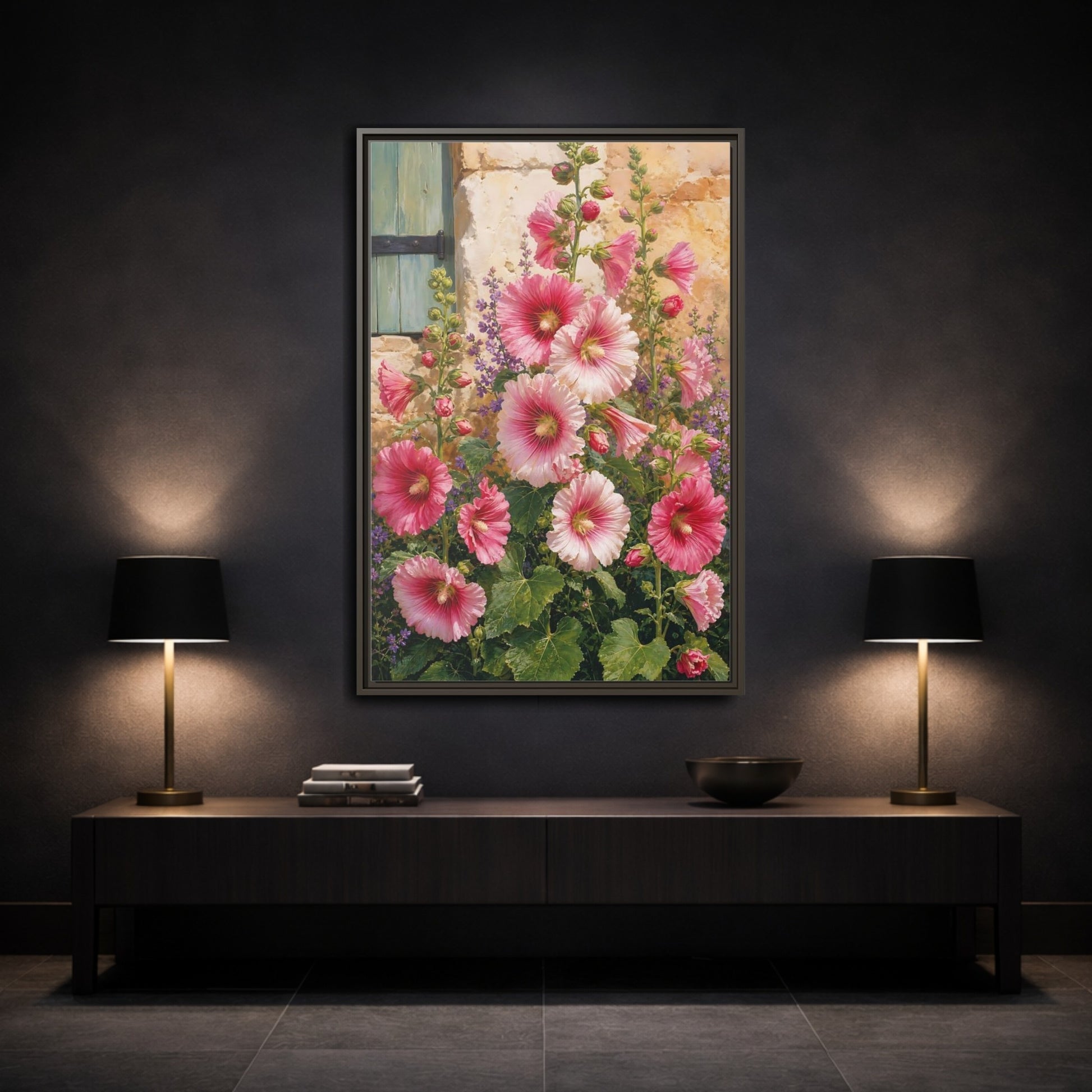 Mockup 3. Floral Hollyhocks Pink Hollyhocks shown as framed canvas print