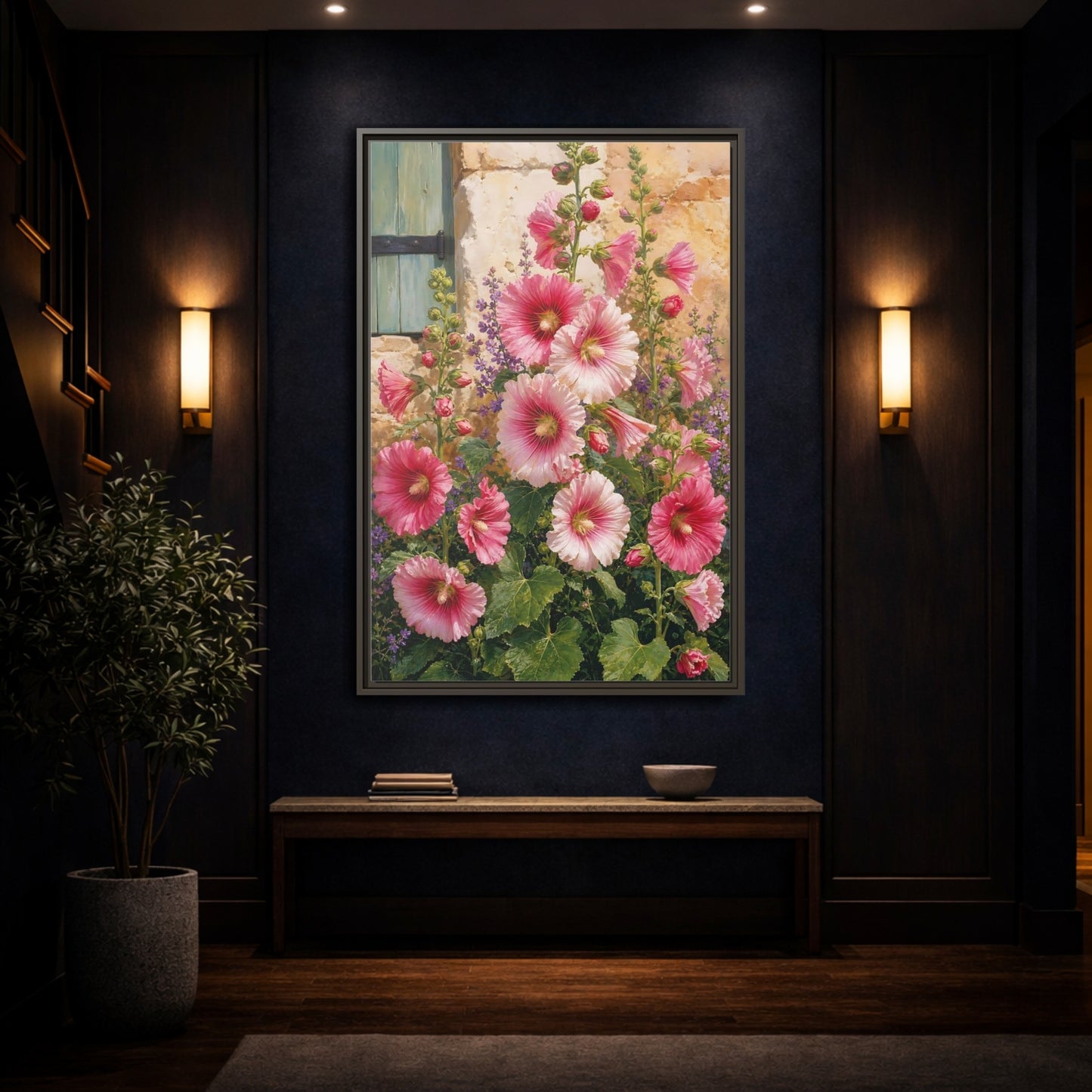 Mockup 4. Floral Hollyhocks Pink Hollyhocks shown as framed canvas print