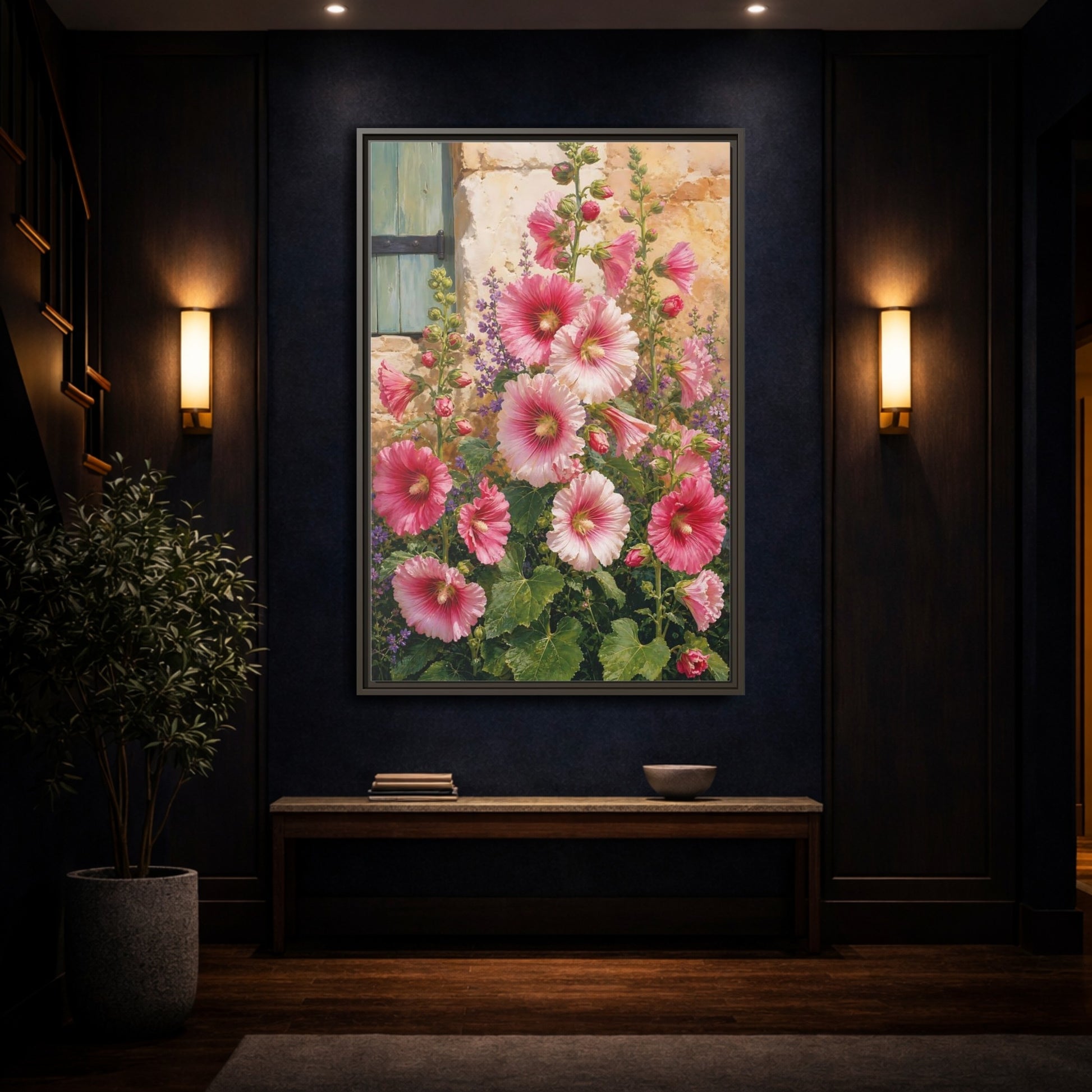 Mockup 4. Floral Hollyhocks Pink Hollyhocks shown as framed canvas print