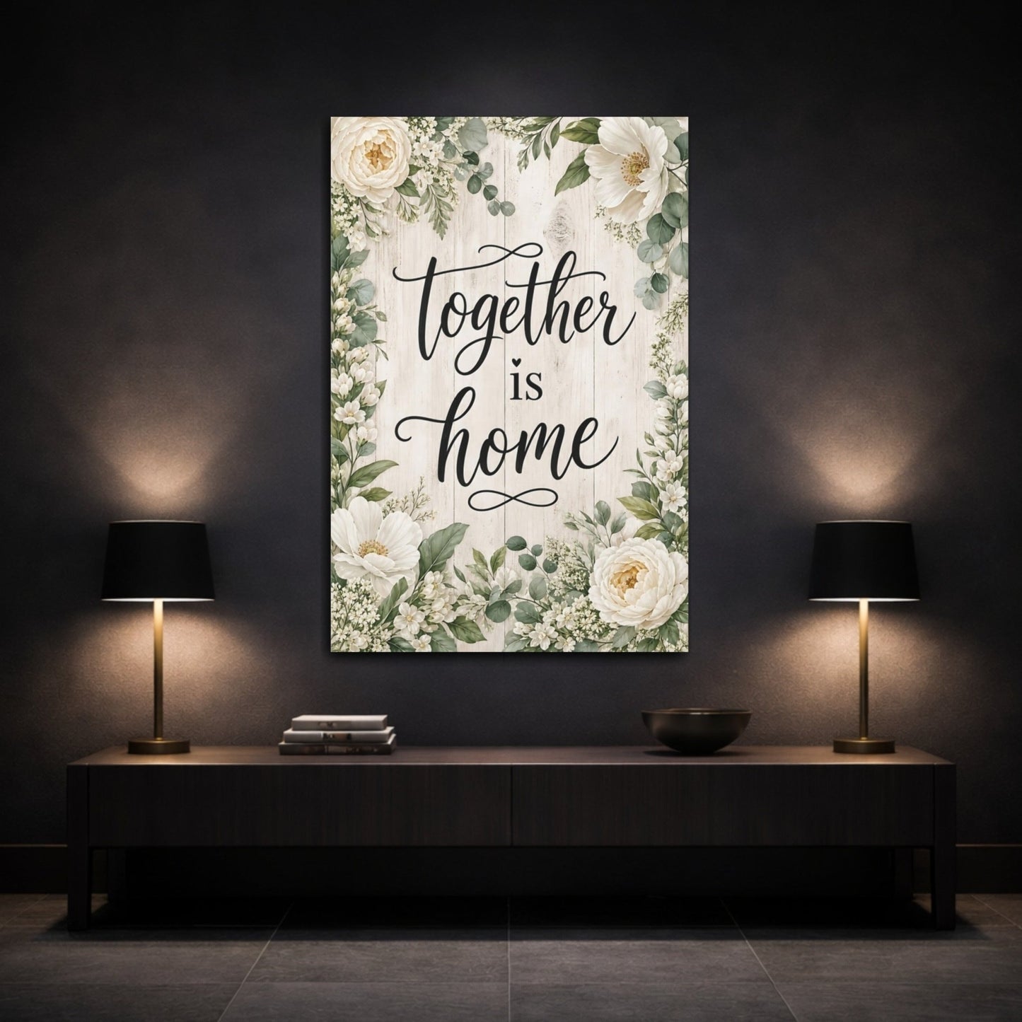 Floral Home Quote White Canvas Wall Art Print – Farmhouse Living Room, Above Sofa - YesArtYes