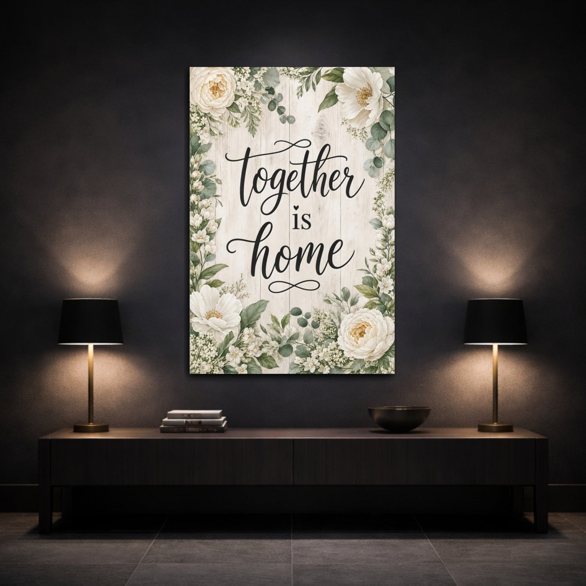 Floral Home Quote White Canvas Wall Art Print – Farmhouse Living Room, Above Sofa - YesArtYes