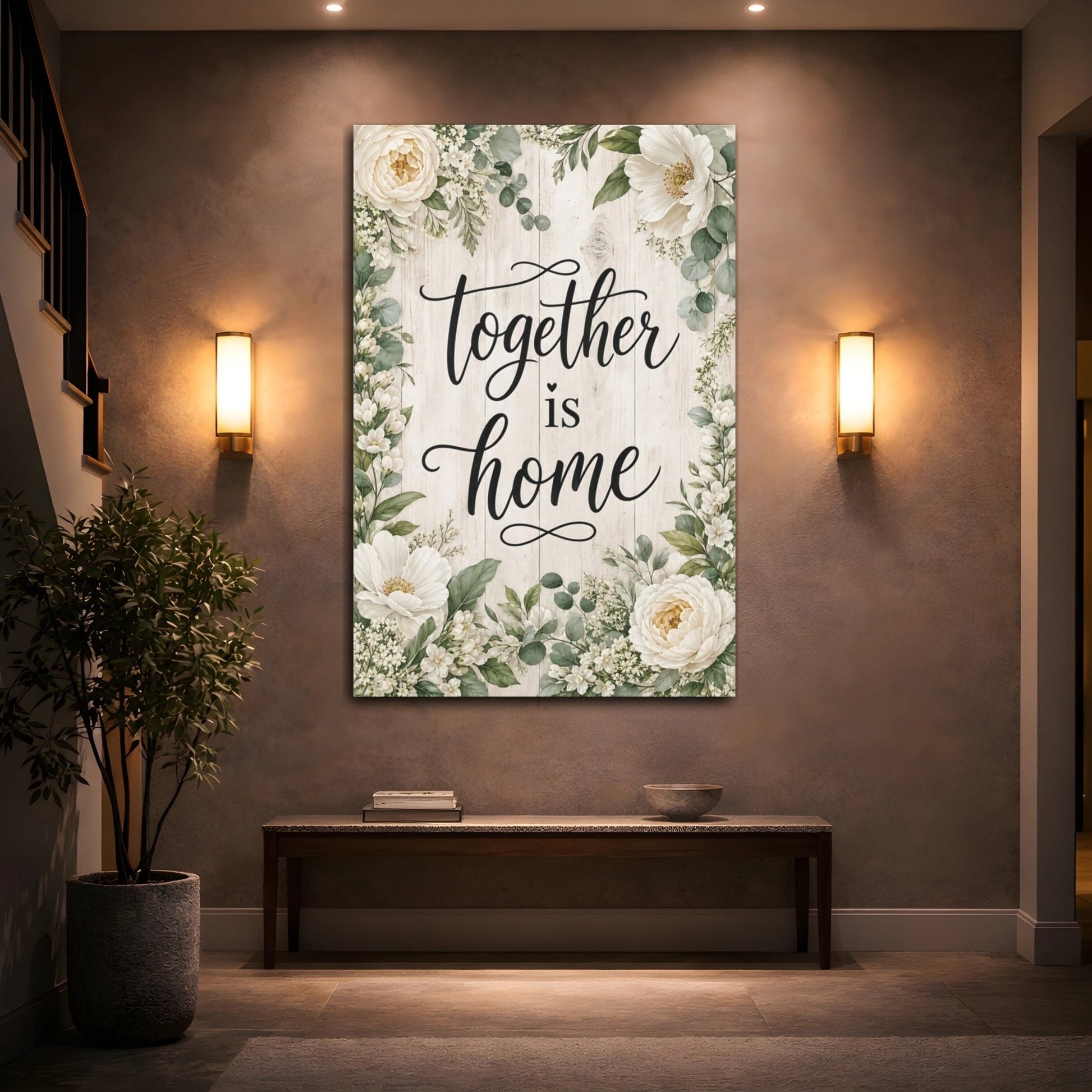 Floral Home Quote White Canvas Wall Art Print – Farmhouse Living Room, Above Sofa - YesArtYes
