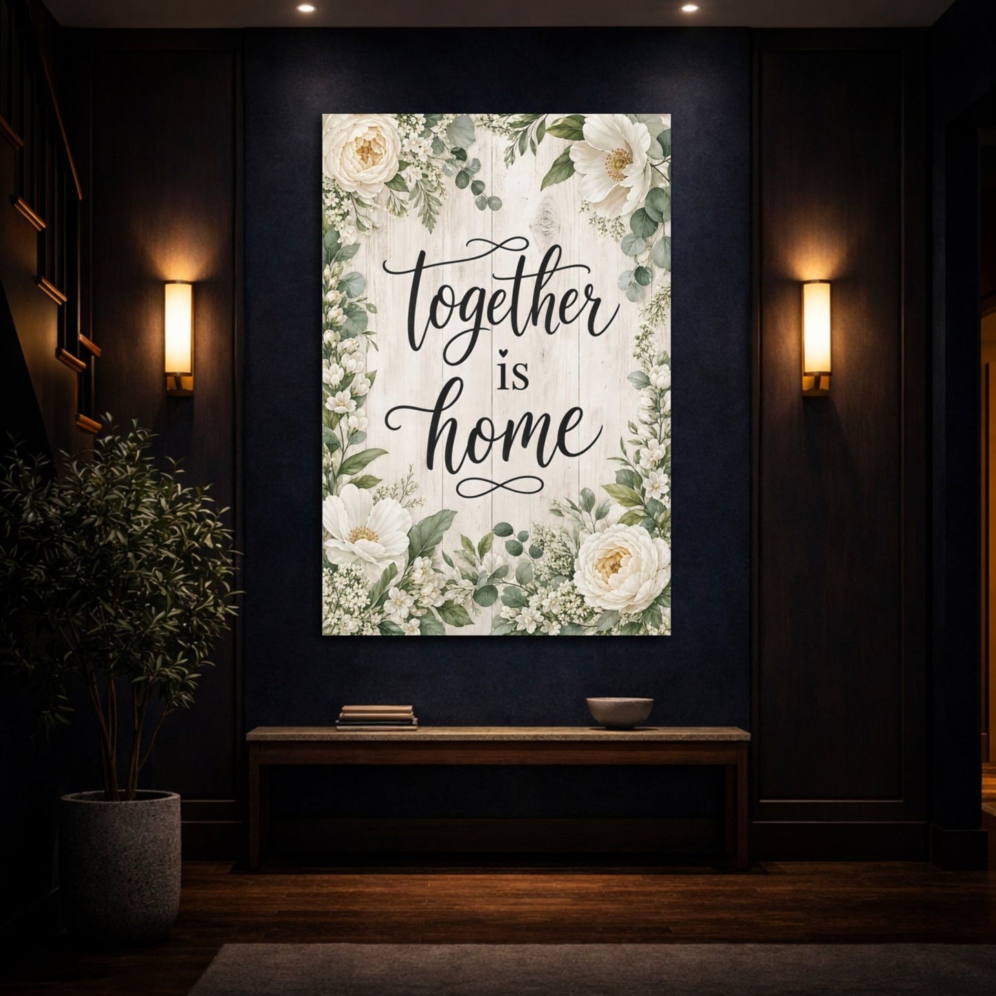 Floral Home Quote White Canvas Wall Art Print – Farmhouse Living Room, Above Sofa - YesArtYes