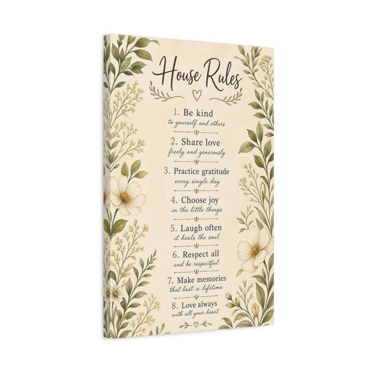 Floral House Rules Inspirational Canvas Print – Rustic Decor for Living Room, Above Sofa - YesArtYes