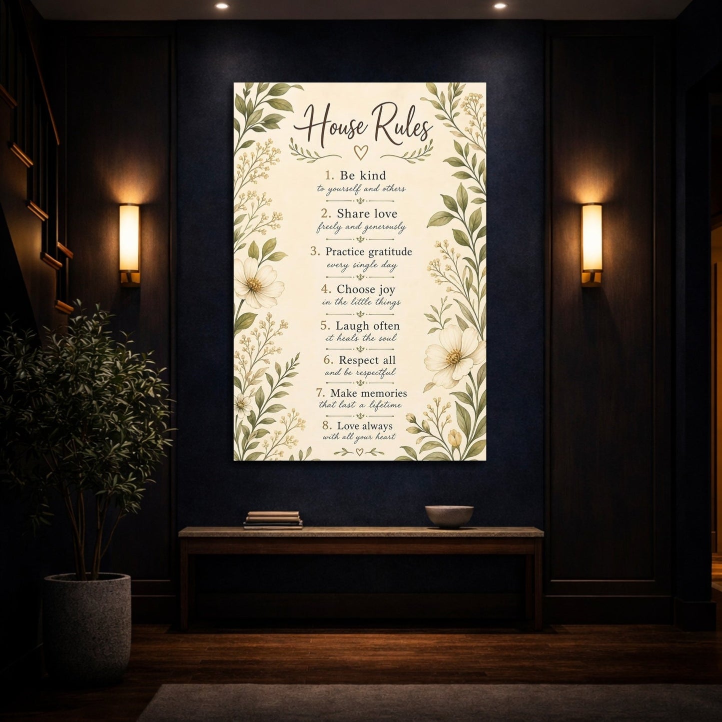 Floral House Rules Inspirational Canvas Print – Rustic Decor for Living Room, Above Sofa - YesArtYes