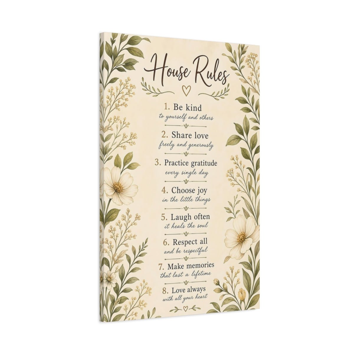 Floral House Rules Inspirational Canvas Print – Rustic Decor for Living Room, Above Sofa - YesArtYes