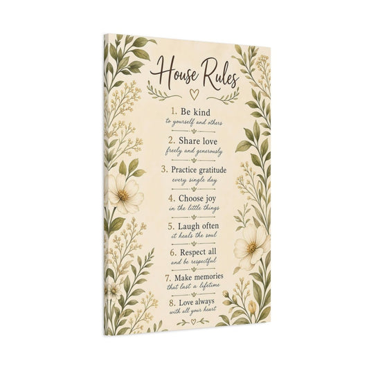 Floral House Rules Inspirational Canvas Print – Rustic Decor for Living Room, Above Sofa - YesArtYes