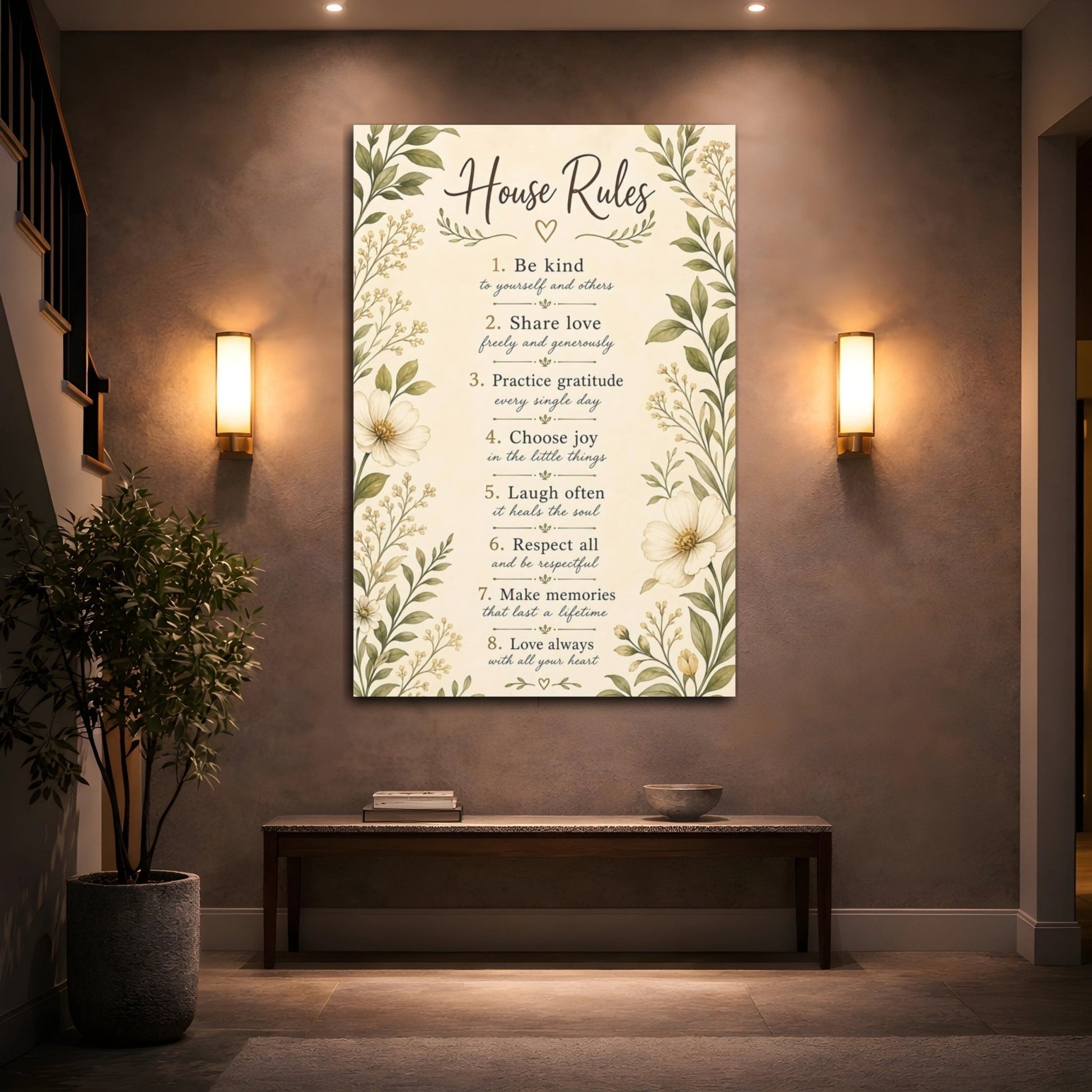 Floral House Rules Inspirational Canvas Print – Rustic Decor for Living Room, Above Sofa - YesArtYes