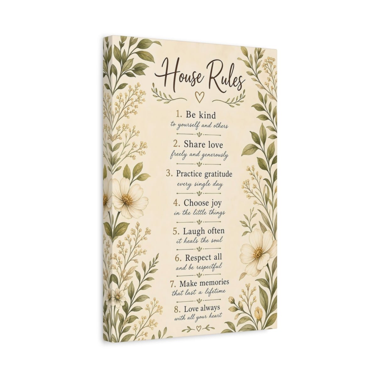 Floral House Rules Inspirational Canvas Print – Rustic Decor for Living Room, Above Sofa - YesArtYes